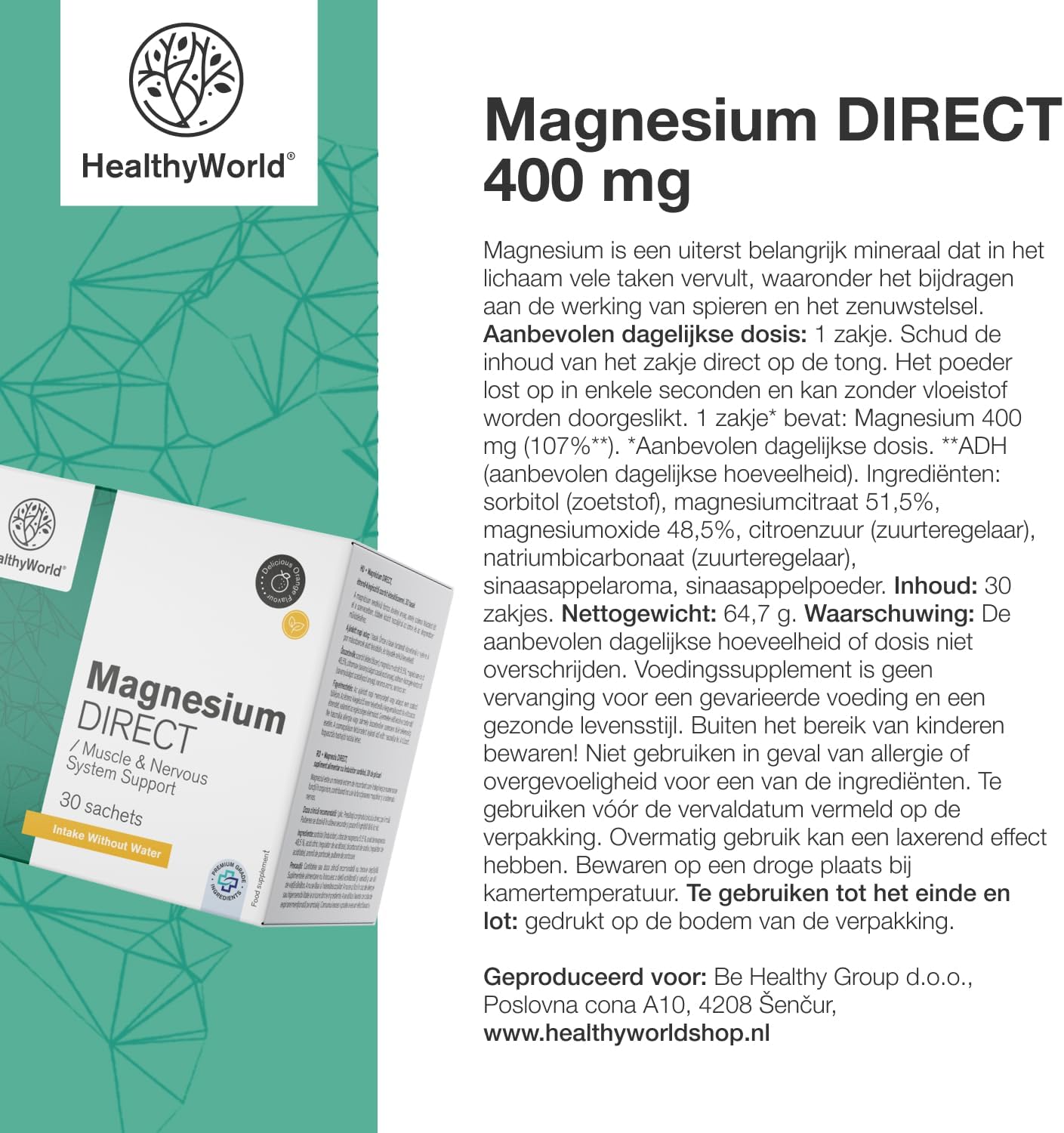 Thumbnail 6 de HealthyWorld Magnesium DIRECT 400 mg met citraat en oxide, 30 zakjes