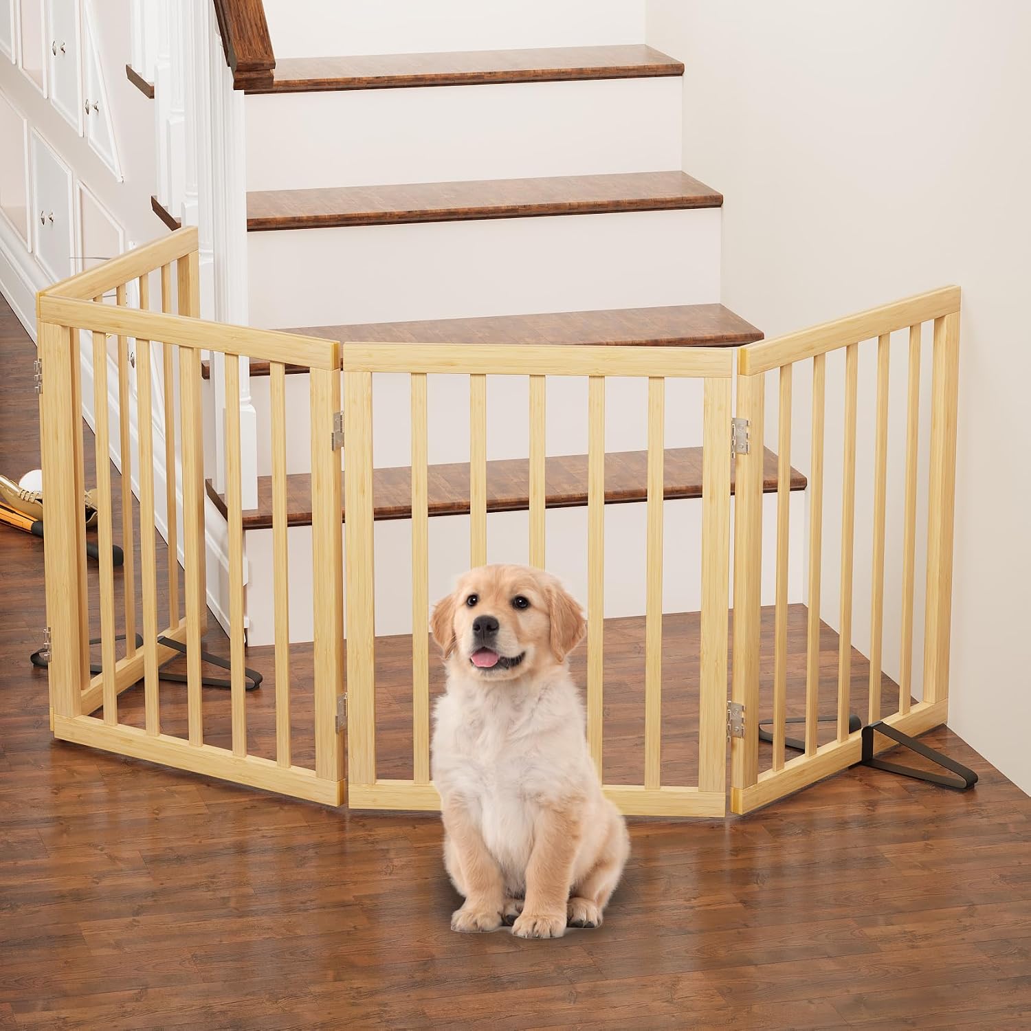 Detalle 2 de Hundegitter freistehend für Türen – 4 Paneele, Naturholz, faltbar, Innenbereich