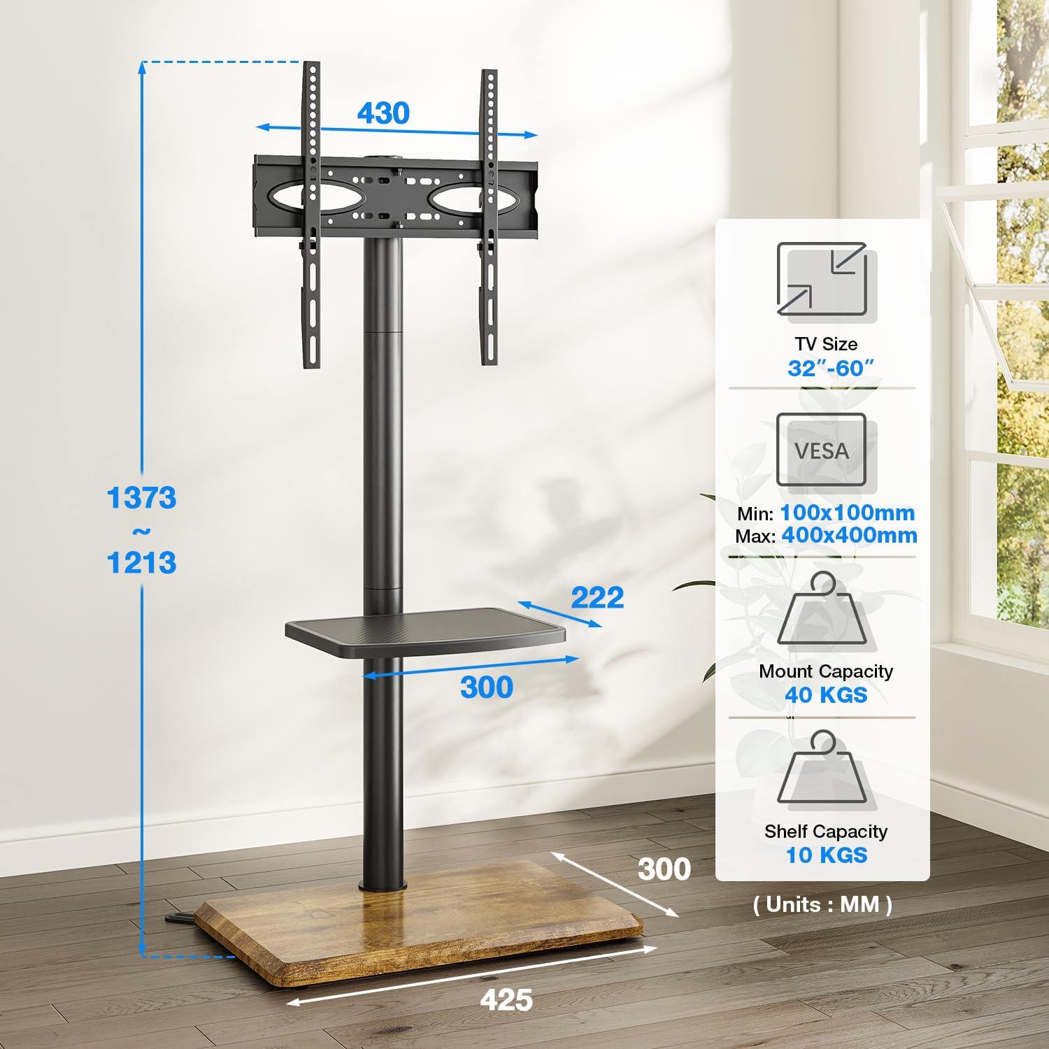 Thumbnail 3 de 5Rcom Universal Swivel TV Floor Stand with Mount (32–60 Inch, up to 40 kg) – Brown Wood Base