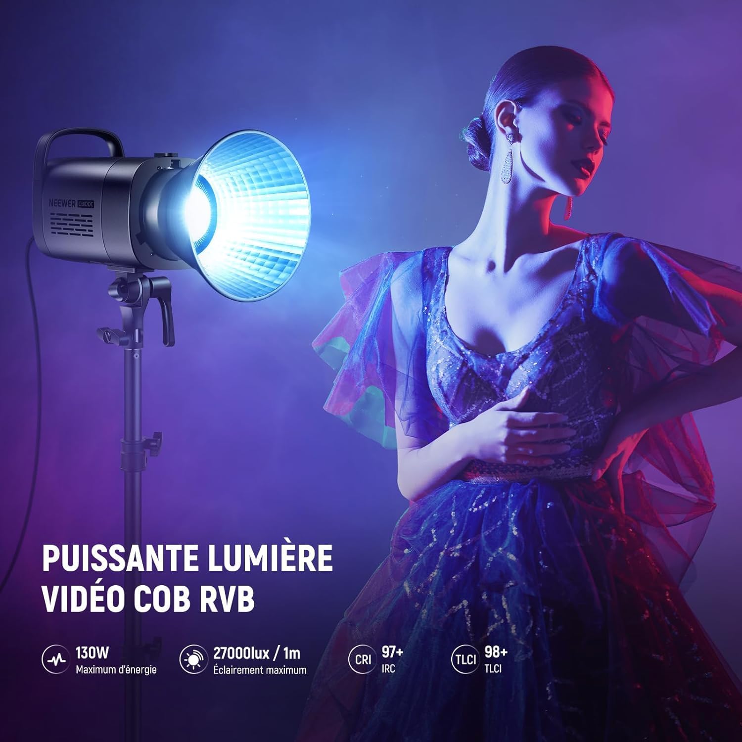 Detalle de NEEWER CB100C 130W RGB COB Bowens : projecteur vidéo continu avec contrôle 2,4G et application