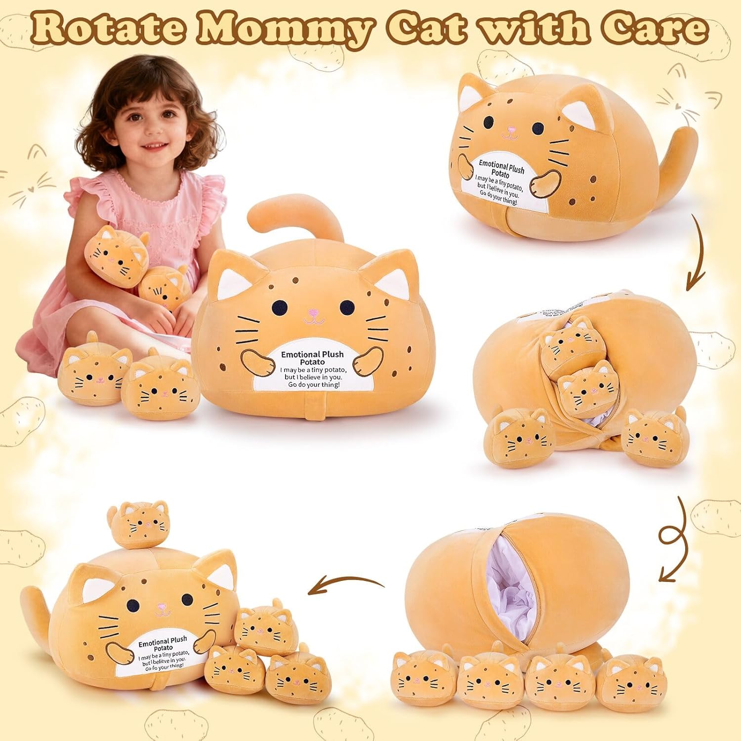 Detalle de Auspicious Beginning 5pcs Stuffed Cat Plush – Emotional Support Potato Style Set