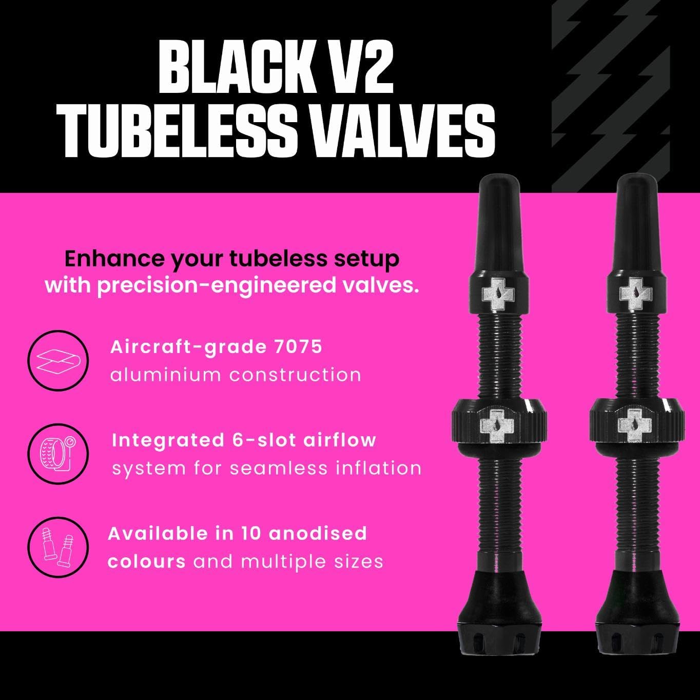 Detalle 2 de Muc-Off valvole Presta nere per tubeless 44 mm (1 coppia) con smonta-valvola incluso