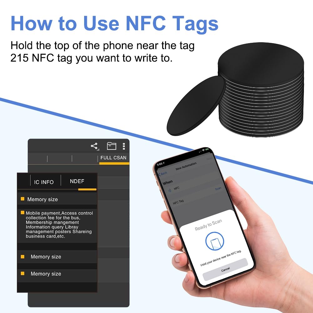 Detalle 2 de OFFCUP NTAG215 NFC Coin Tags, 25mm Black PVC Round Cards, 20 Pack