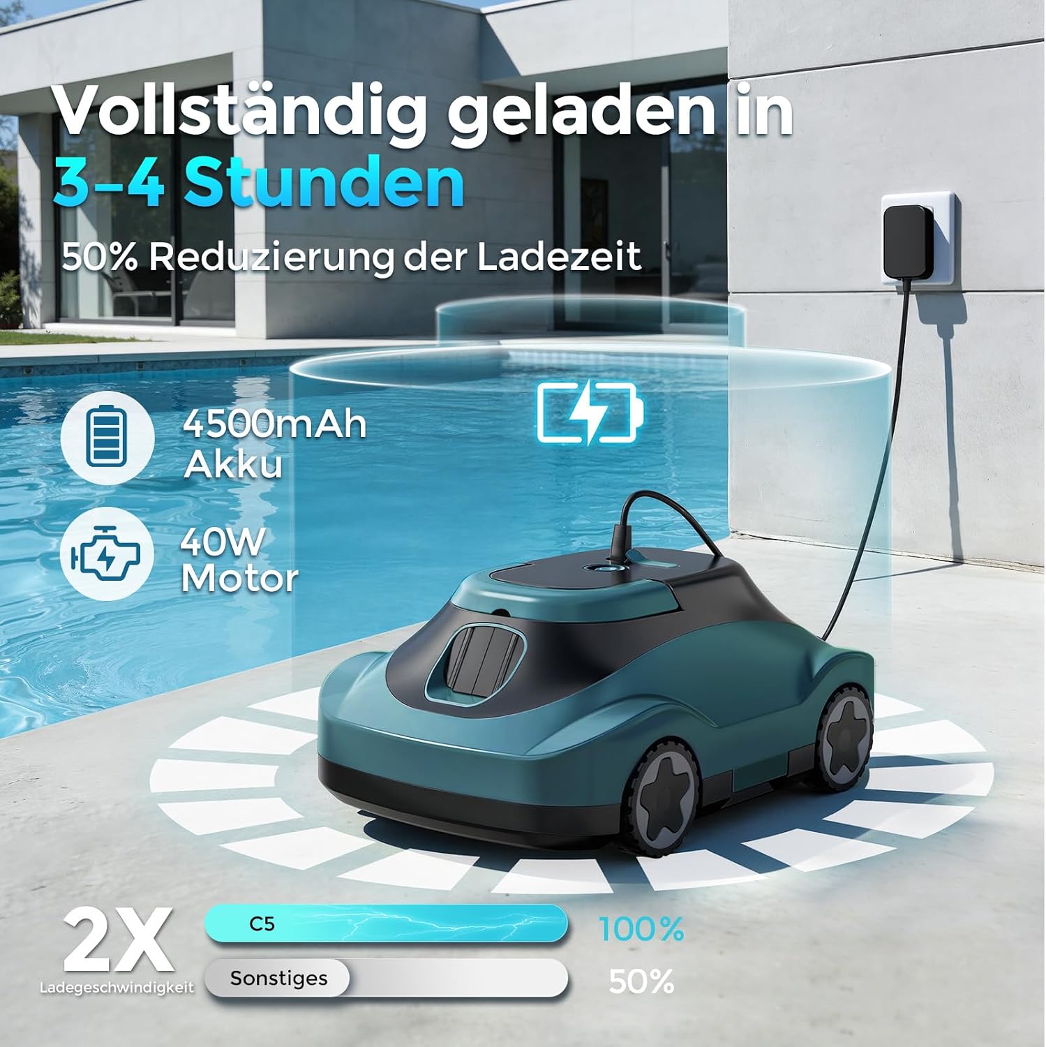 Thumbnail 6 de Poolroboter Kabelloser Akku-Poolsauger C5 – 180 Min Laufzeit, starke Saugkraft, intelligenter Navigationssensor
