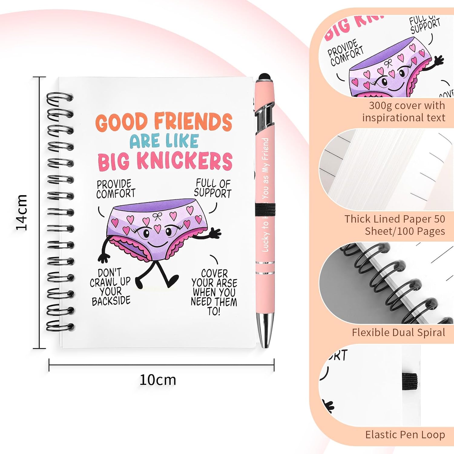 Detalle de GADITIEK Funny Best Friend Notebook, Pen & Keychain Set – “Good Friends Are Like Big Knickers”