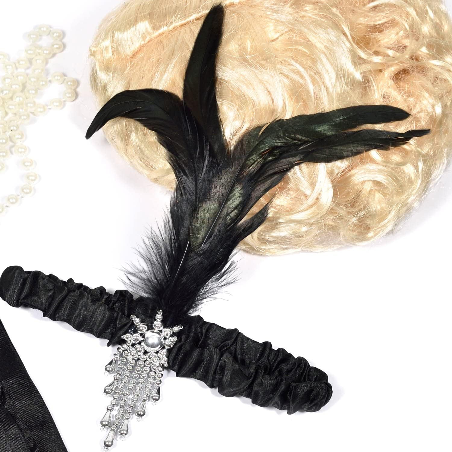 Thumbnail 4 de GOODS+GADGETS 1920s Feather Headband – Black Satin with Feathers and Art Deco Brooch