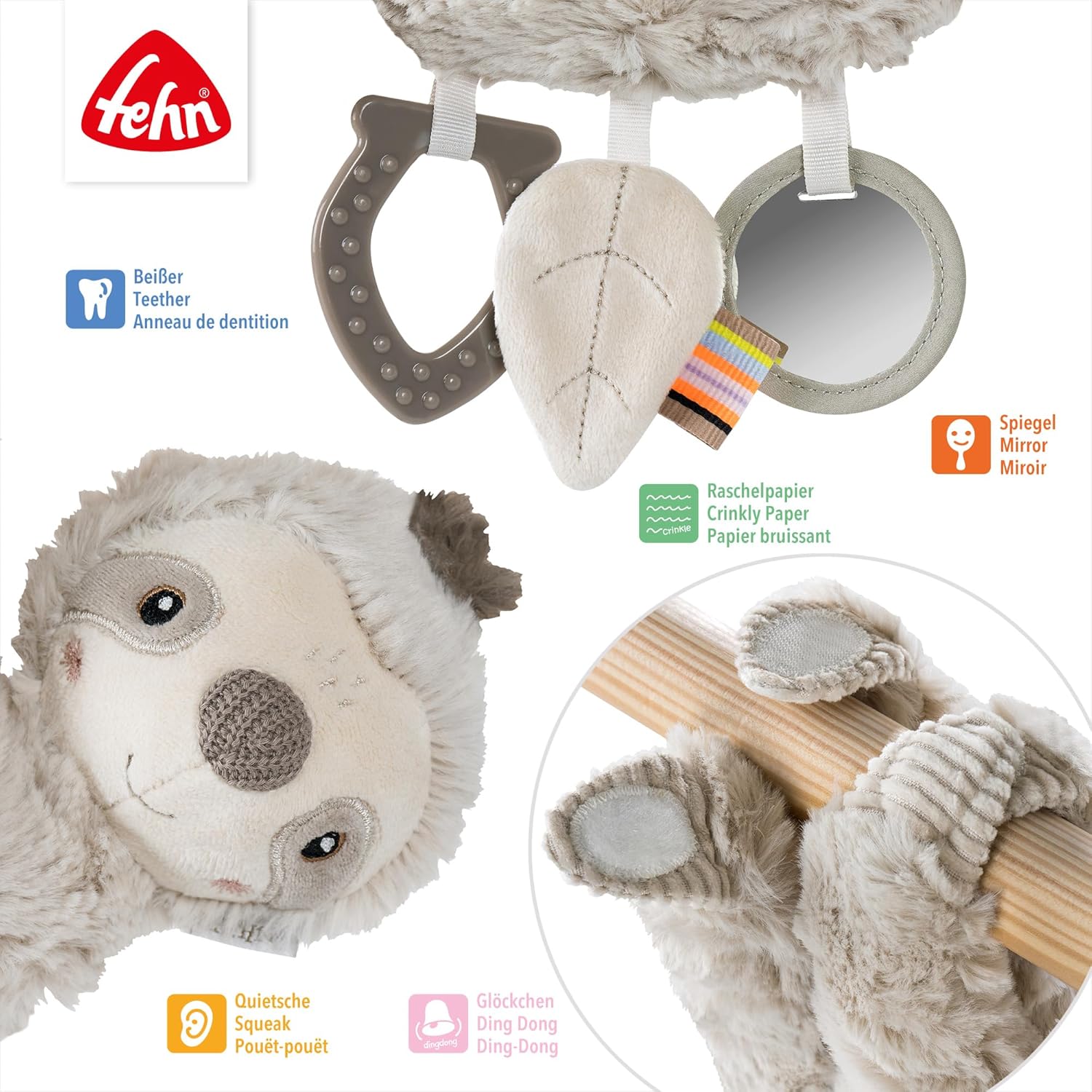 Detalle de Fehn Activity-Faultier – Motorikspielzeug zum Aufhängen für Kinderwagen, Kinderbett und Babyschale