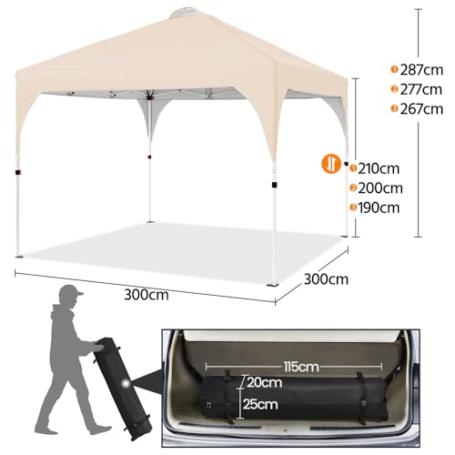 Detalle de Yaheetech Carpa Plegable 3x3m Beige: cenador impermeable para 8-10 personas con ventilación y bolsa con ruedas