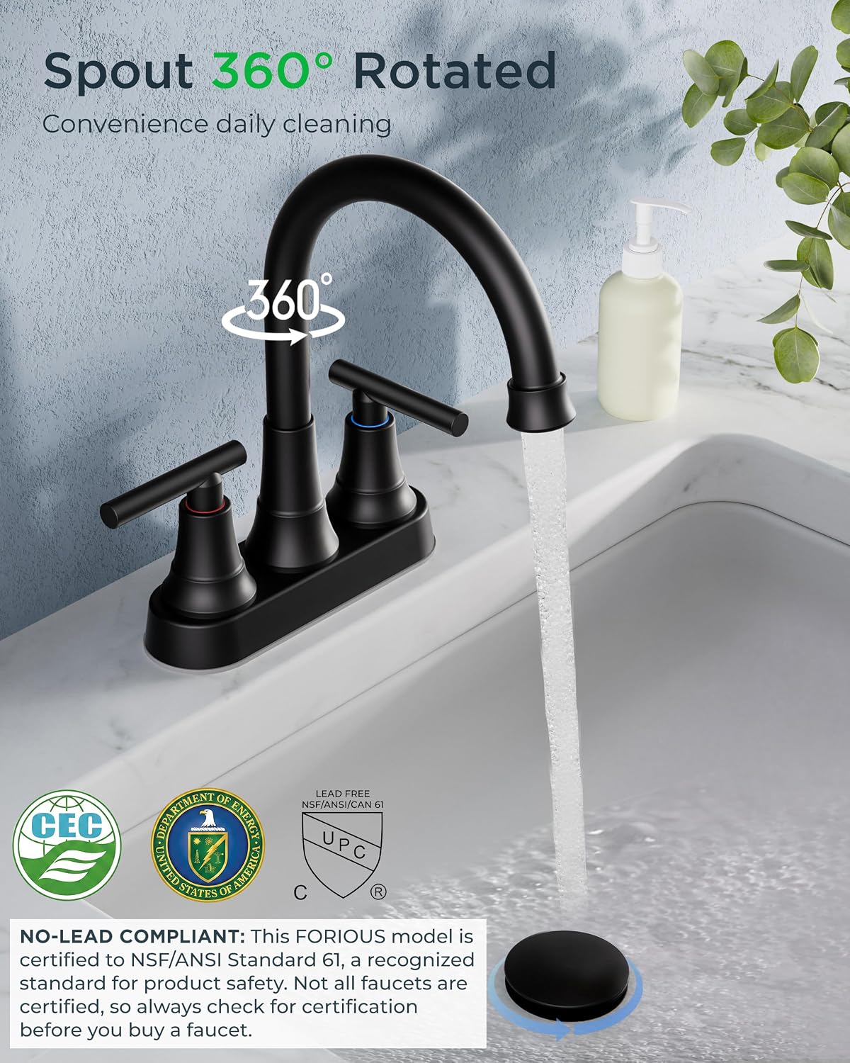 Detalle 2 de FORIOUS Bathroom Faucet 4 Inch Centerset 🚰