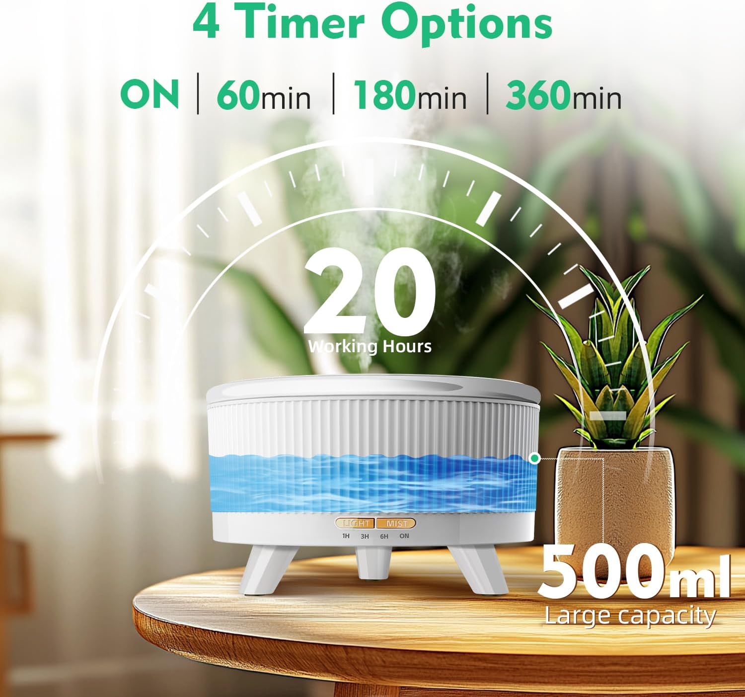 Thumbnail 5 de YOUENKITY 500ML Ultrasonic Diffuser: 20-Hour Aromatherapy Humidifier with Remote, 7-Color Lights