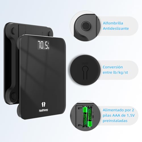 Detalle de Healthkeep Báscula de baño digital negra con pantalla LED y Step-On (hasta 180 kg)