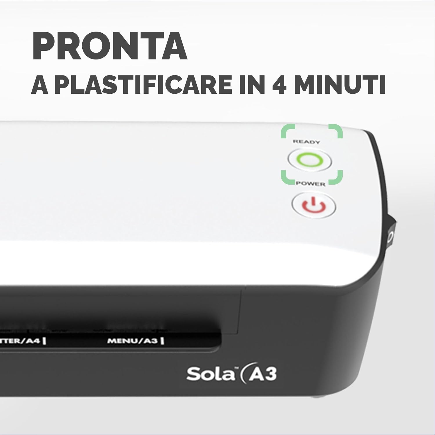 Detalle de Fellowes Plastificatrice Sola A3: plastificazione domestica fino a 125 µm, leva di sblocco e modalità riposo