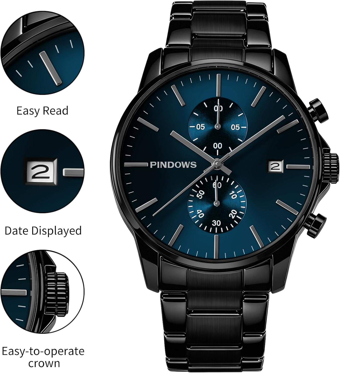 Detalle 2 de PINDOWS Schwarze Herrenuhr: Minimalistischer Edelstahl Chronograph mit Datum, 3ATM wasserdicht