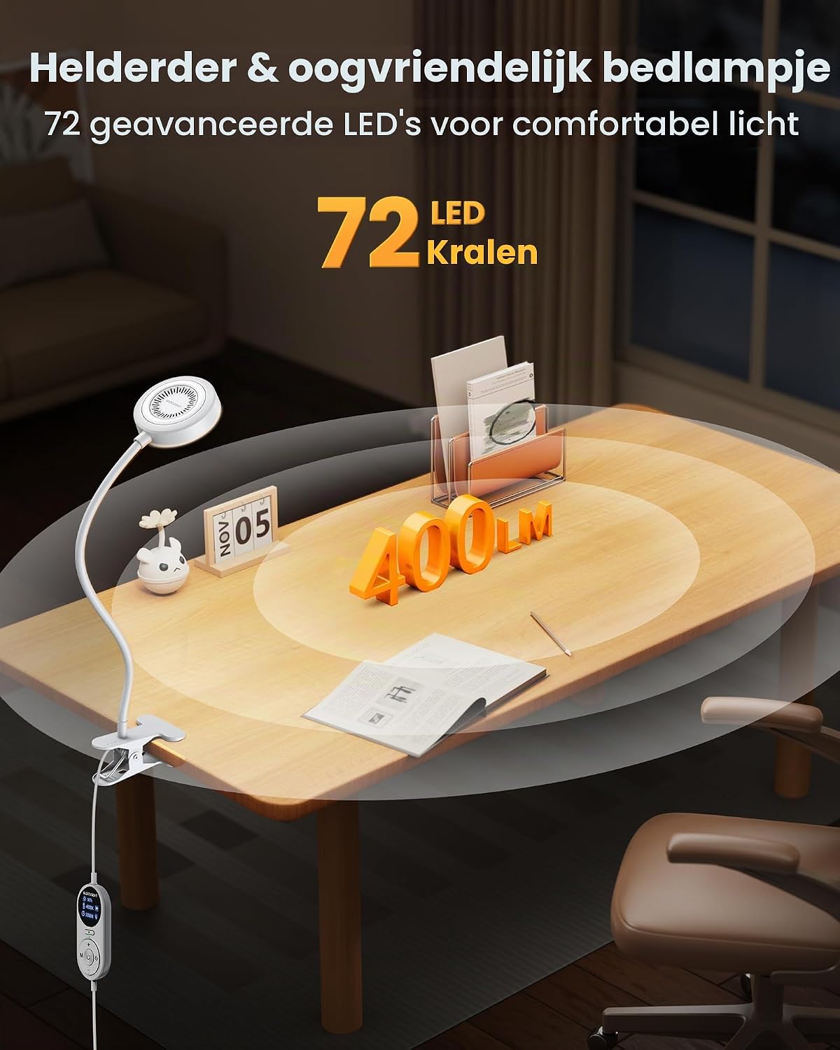 Detalle 2 de Glocusent A31 klemlamp met 72 leds, 360° zwanenhals en timer