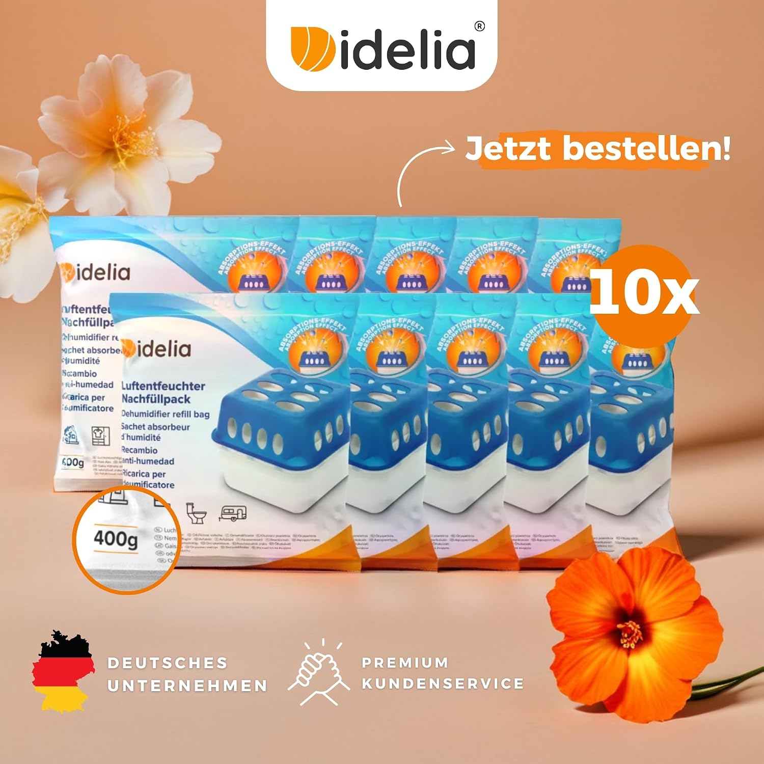 Detalle de Idelia Luftentfeuchter Granulat 400 g – Sparvorteil 10er Set Nachfüllpack (8x Nachfüllpack im Paket) für Schimmel- und Geruchsschutz