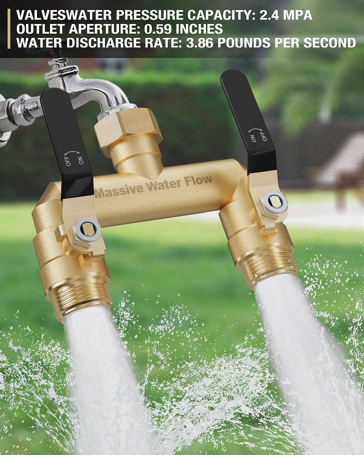 Detalle de HugWaFlw 2-Way Distributor: Solid Brass Garden Water Splitter for Two Devices