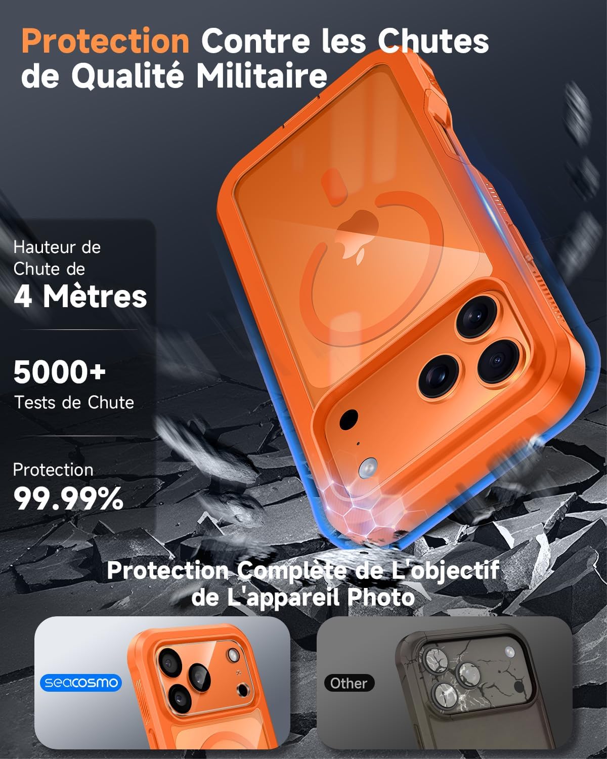 Detalle de Coque Magnétique Seacosmo pour iPhone 17 Pro – MagSafe, Protection 360° (Orange)