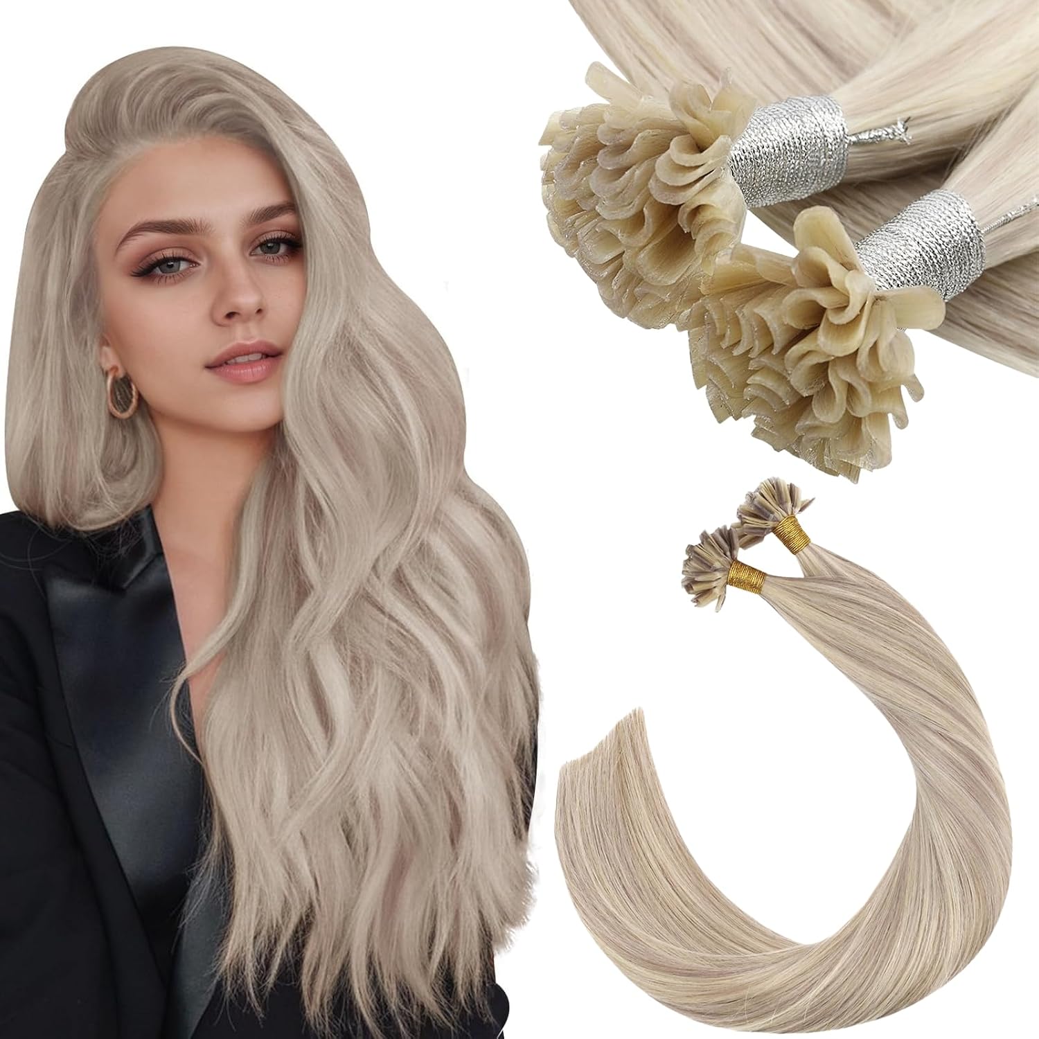 Detalle de Ugeat Bondings Extensions Echthaar 40 cm 18/613 (aschblond mit platinblond Highlight) – unsichtbare Keratin-Bondings, 50 g