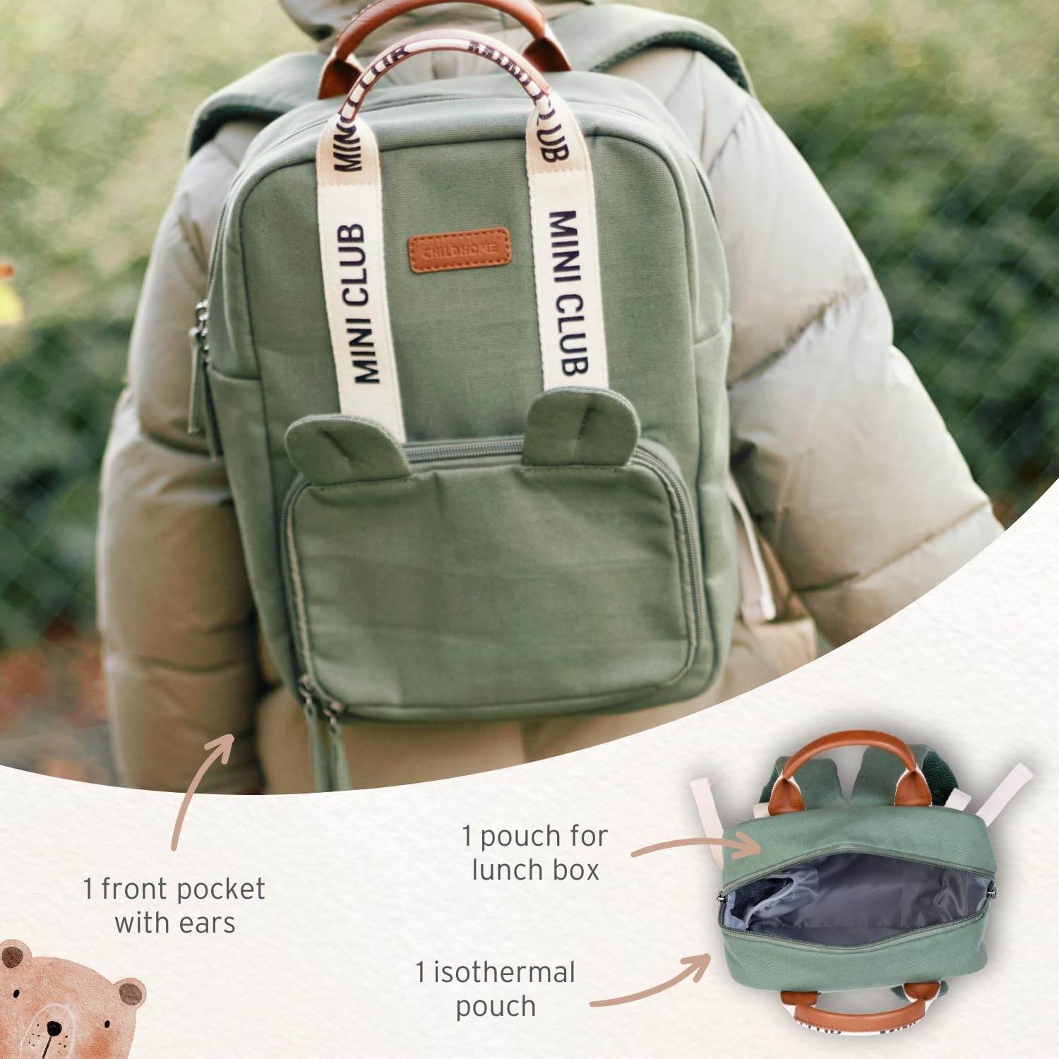 Detalle de CHILDHOME Mini Club Rucksack 7L Grün – Rucksack für Kindergartenkinder (23x10x32 cm)