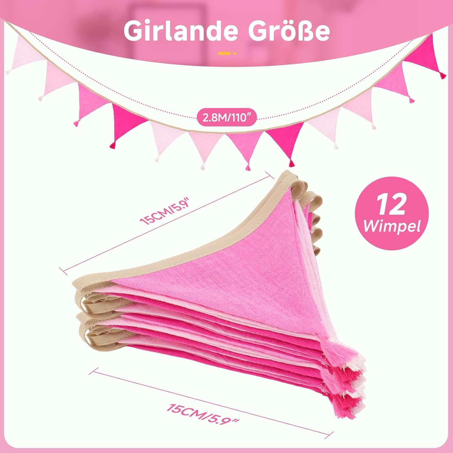 Detalle de jijAcraft Musselin-Wimpelkette fürs Kinderzimmer (rosa) mit Quasten, 2,8 m