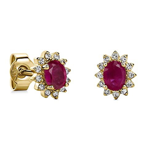 Detalle de Miore Diamond Earrings: Prong Stud Earrings in 9ct Yellow Gold with Diamonds and Ruby