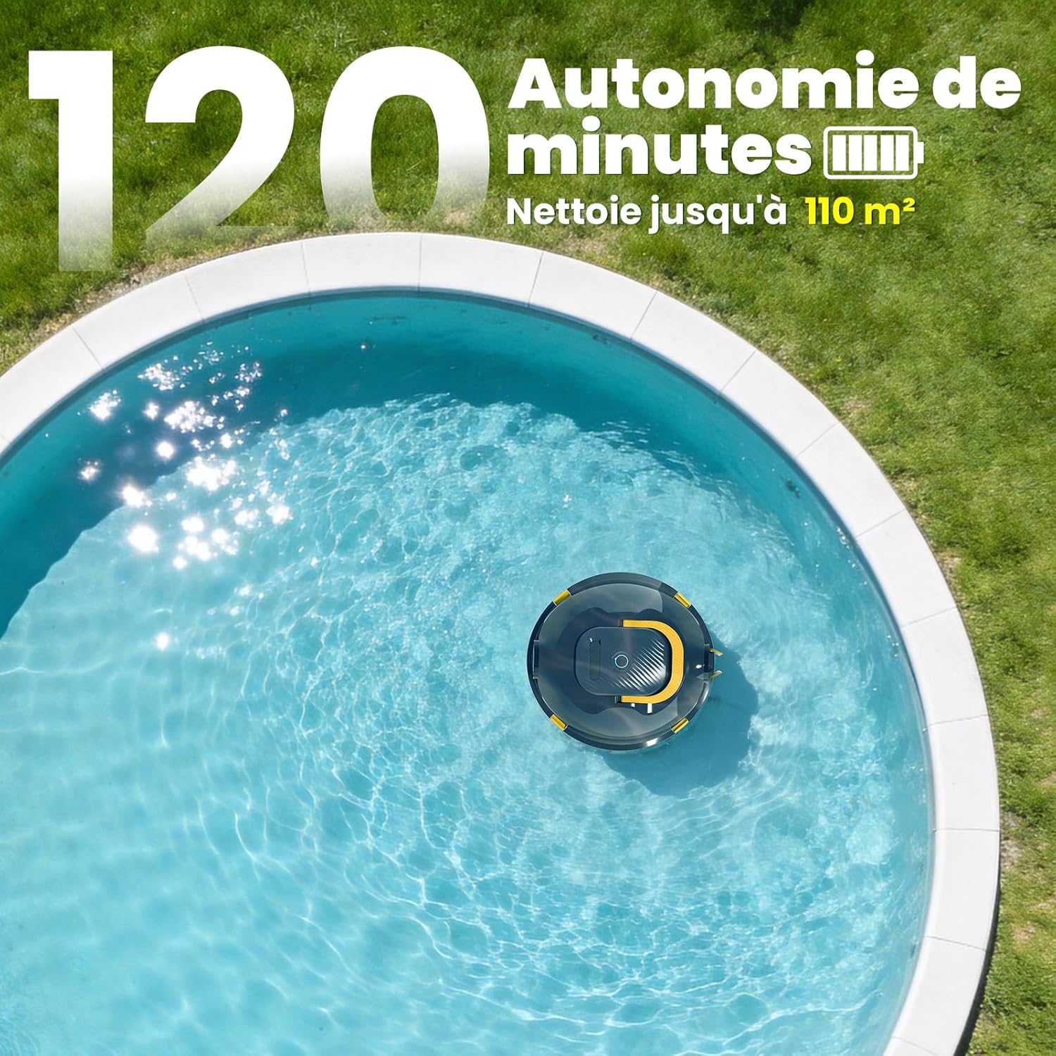 Detalle de Robot Nettoyeur de Piscine sans Fil | Auto-stationnement, 120 Min d’autonomie et Léger pour Piscines hors-sol ou enterrées jusqu’à 110 m²
