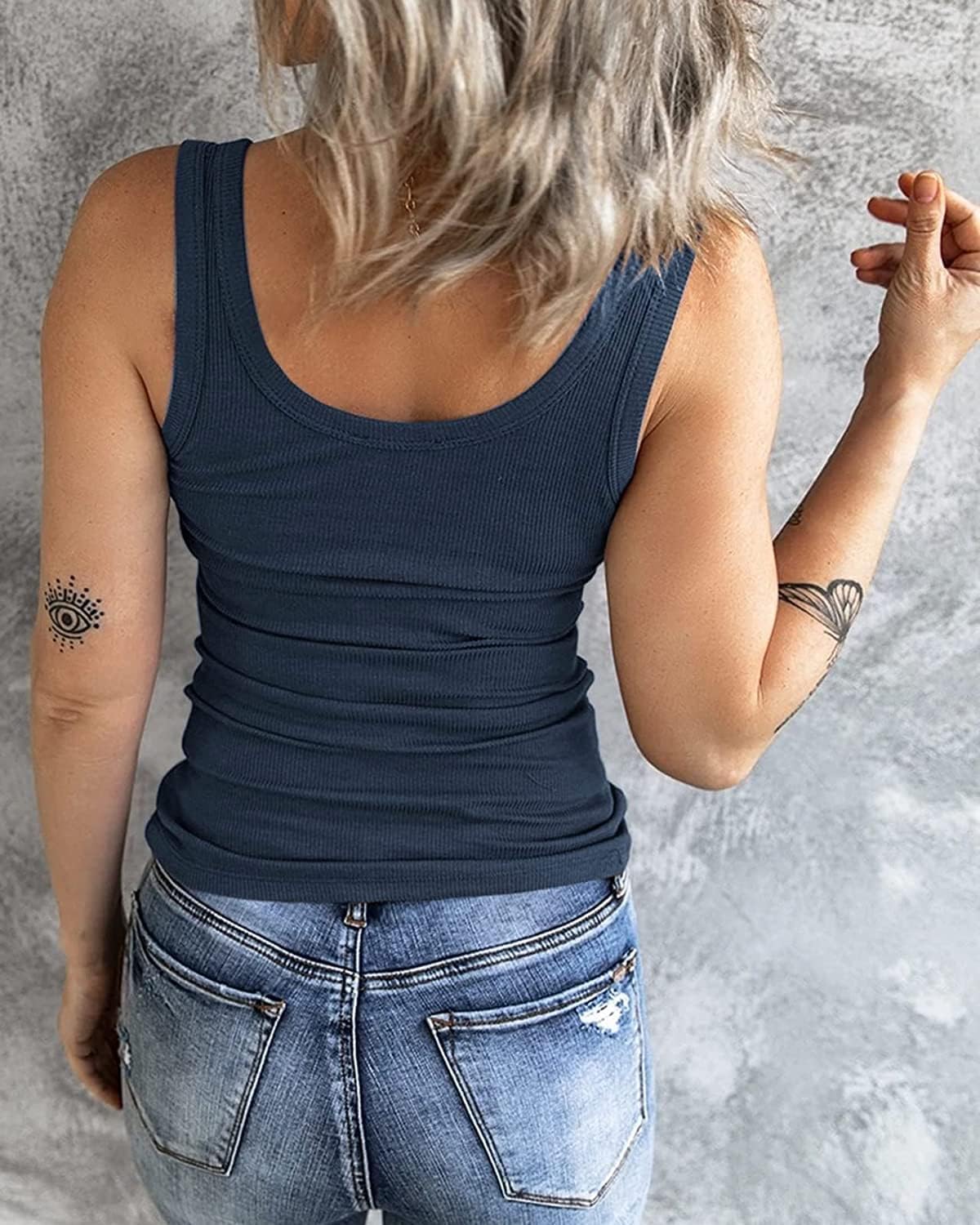Detalle 2 de Fessceruna Damen Top – Sexy U-Ausschnitt ärmelloses Tanktop, gerippt mit Knöpfen