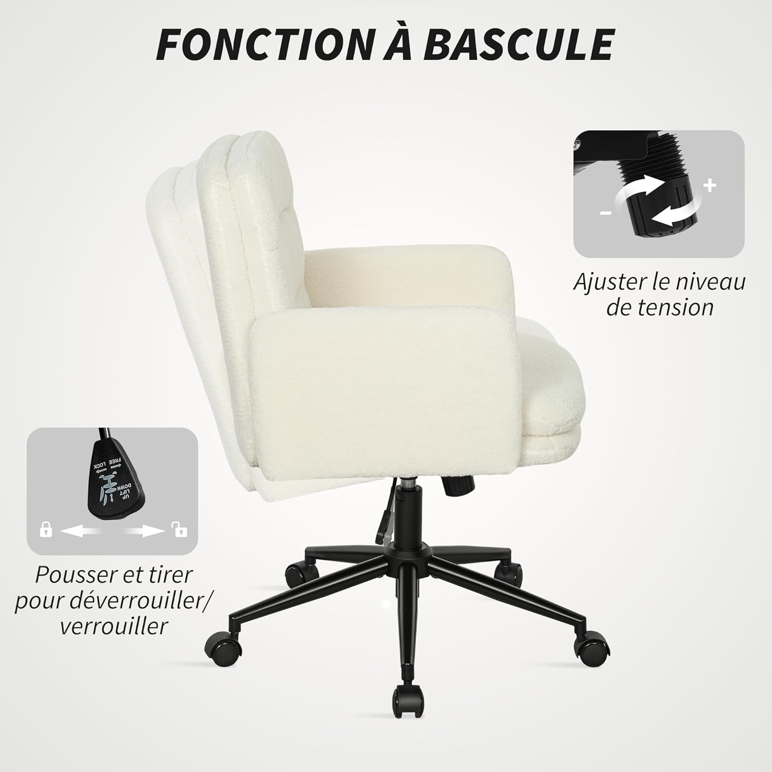 Thumbnail 3 de HOMCOM Chaise de bureau ergonomique en tissu effet laine bouclée, hauteur réglable et pivot 360°