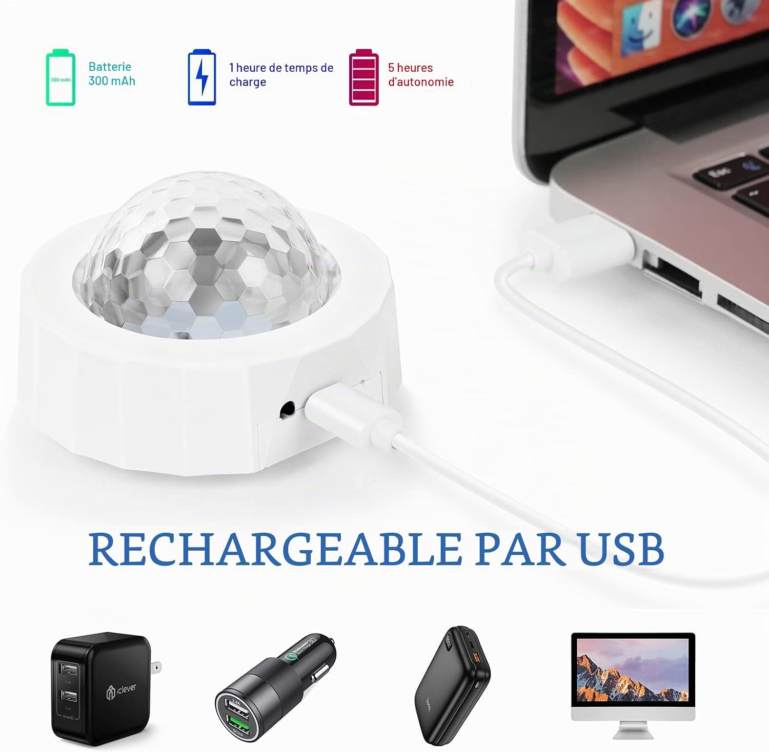Detalle de URAQT discolamp, muziekgestuurd en USB-oplaadbaar met rode, blauwe en groene leds