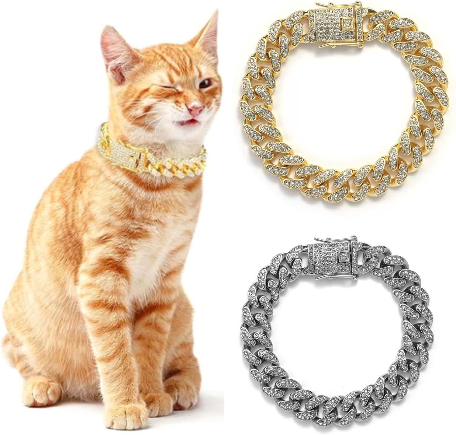 Thumbnail 3 de DKJEkdje 2 Pcs Diamond Cuban Cat Chain Collar with Rhinestones (10inch)
