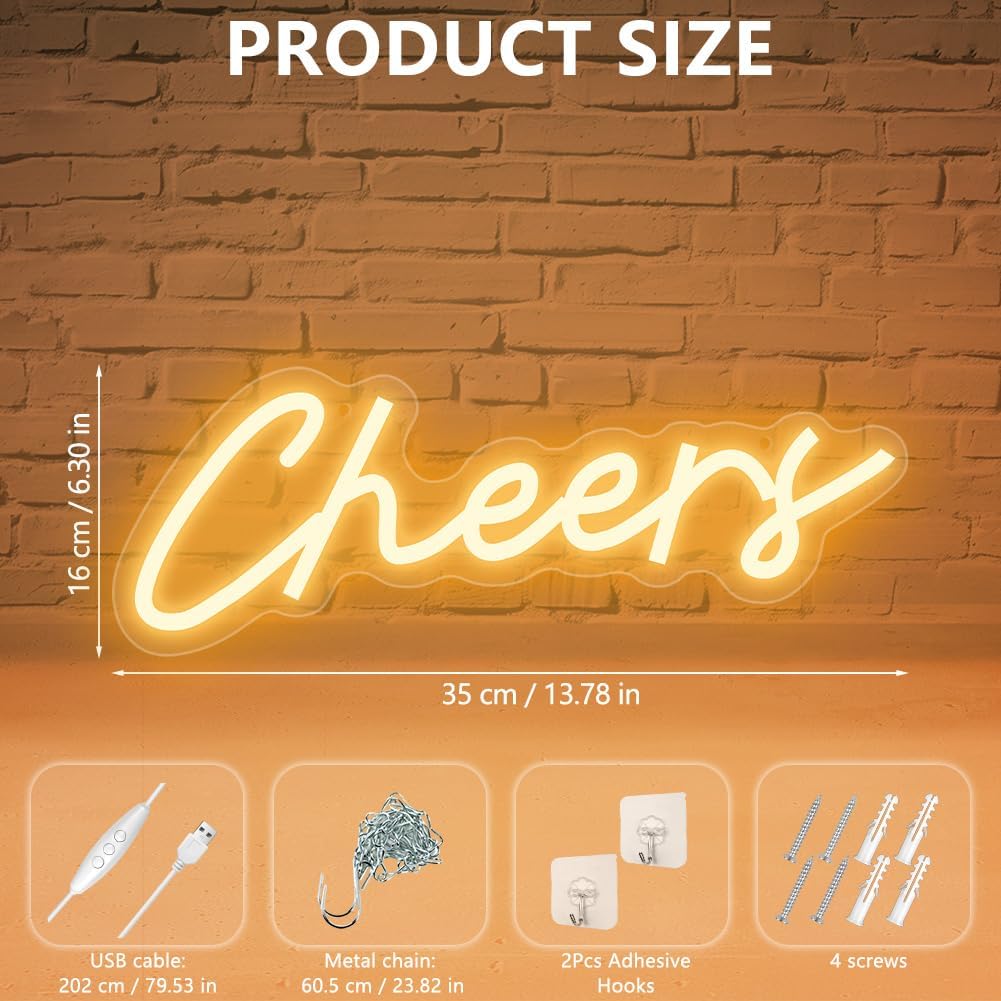 Detalle 2 de AOOTE 6314110 Cheers LED Neon Sign, Warm White, USB-Powered, 6 Brightness Levels