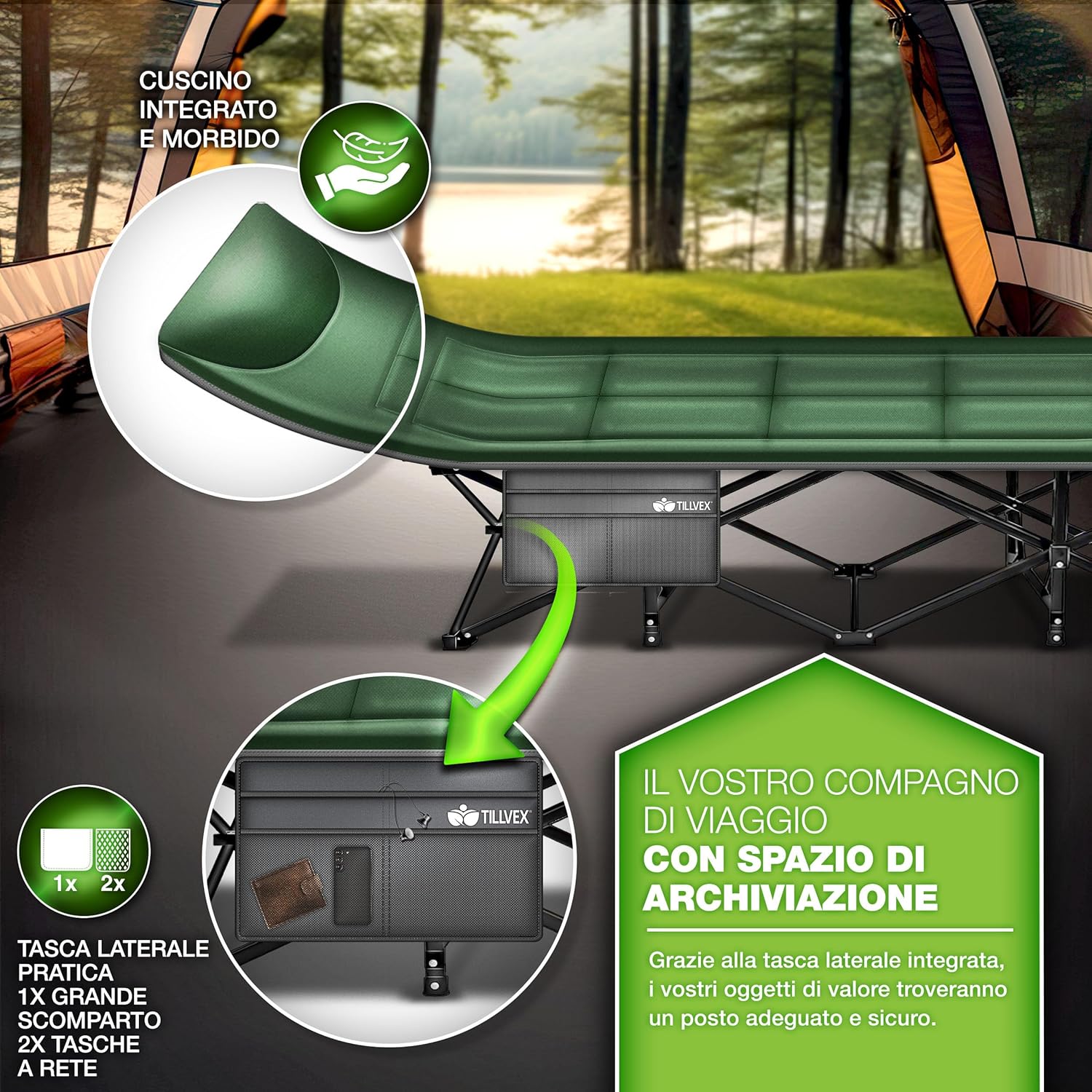Thumbnail 6 de tillvex Letto da campeggio pieghevole con borsa – lettino extra lungo fino a 200 kg