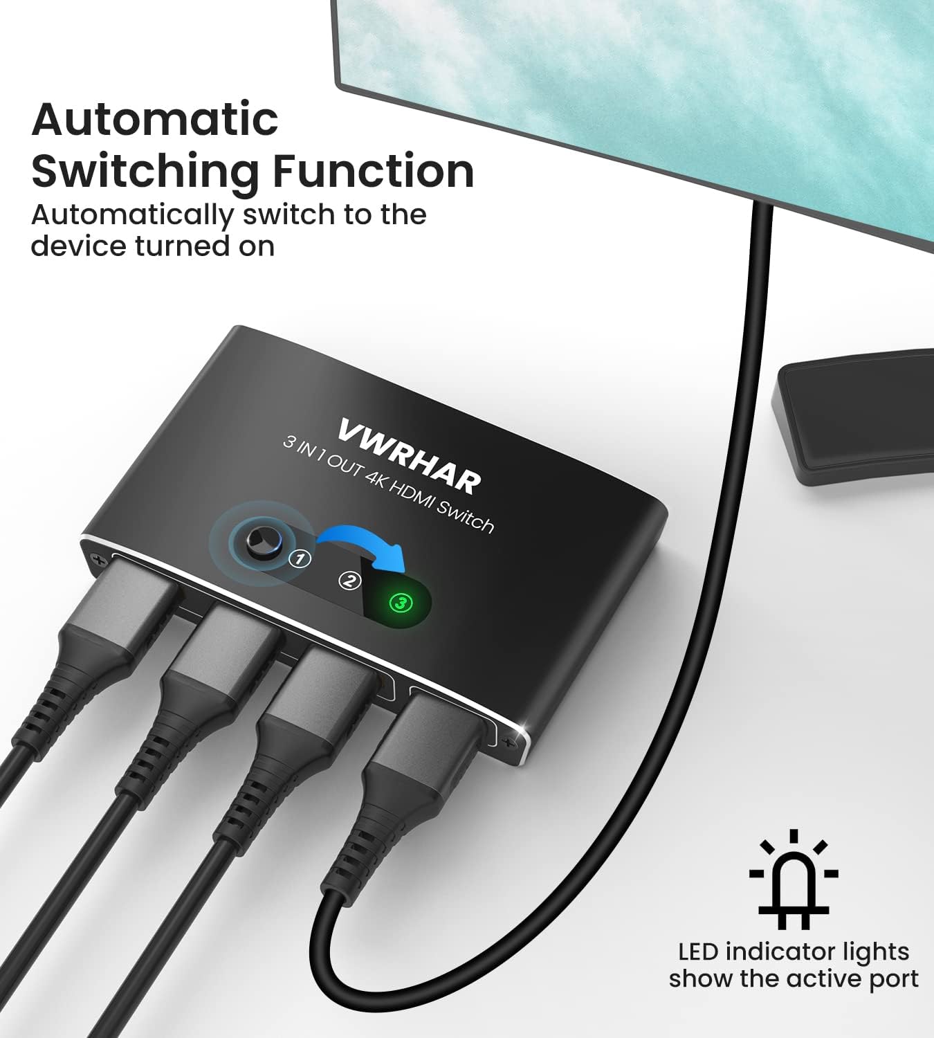 Thumbnail 3 de Automatischer HDMI Switch 3 in 1 Out – 4K Aluminium mit Fernbedienung