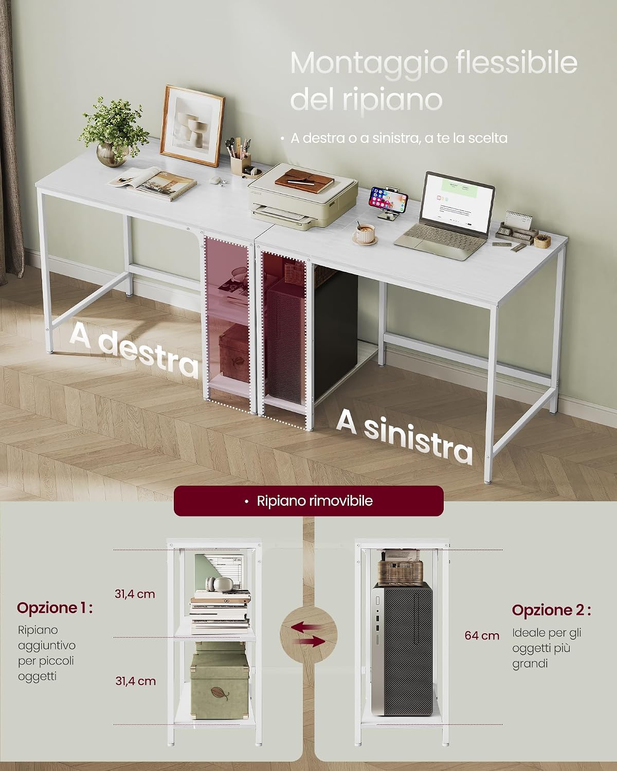Detalle de VASAGLE Scrivania per Computer 100 x 50 cm, bianco acero - LWD046W01