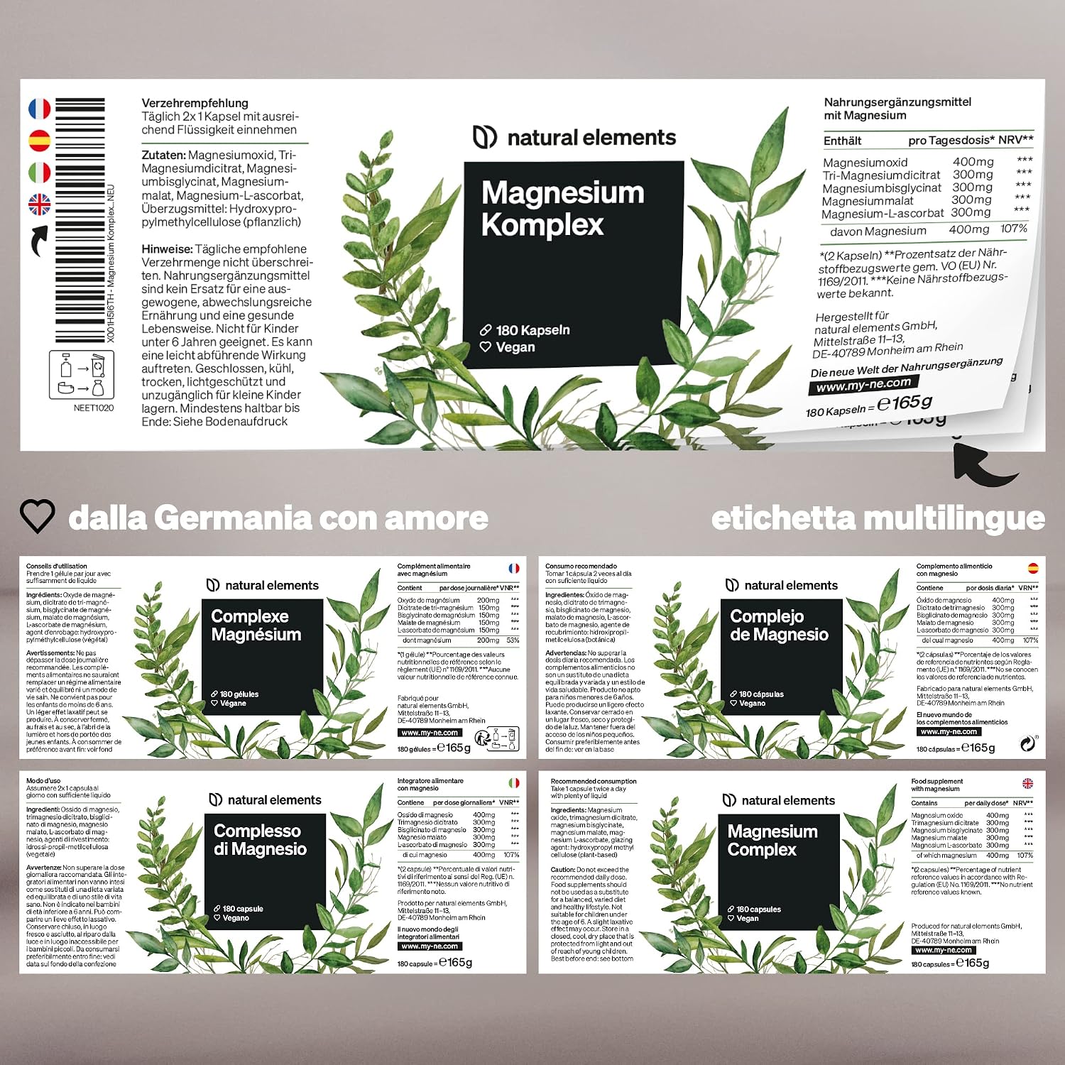 Detalle 2 de Natural Elements Magnesio Completo – 400 mg di magnesio elementare al giorno, 5 forme (180 capsule), vegano