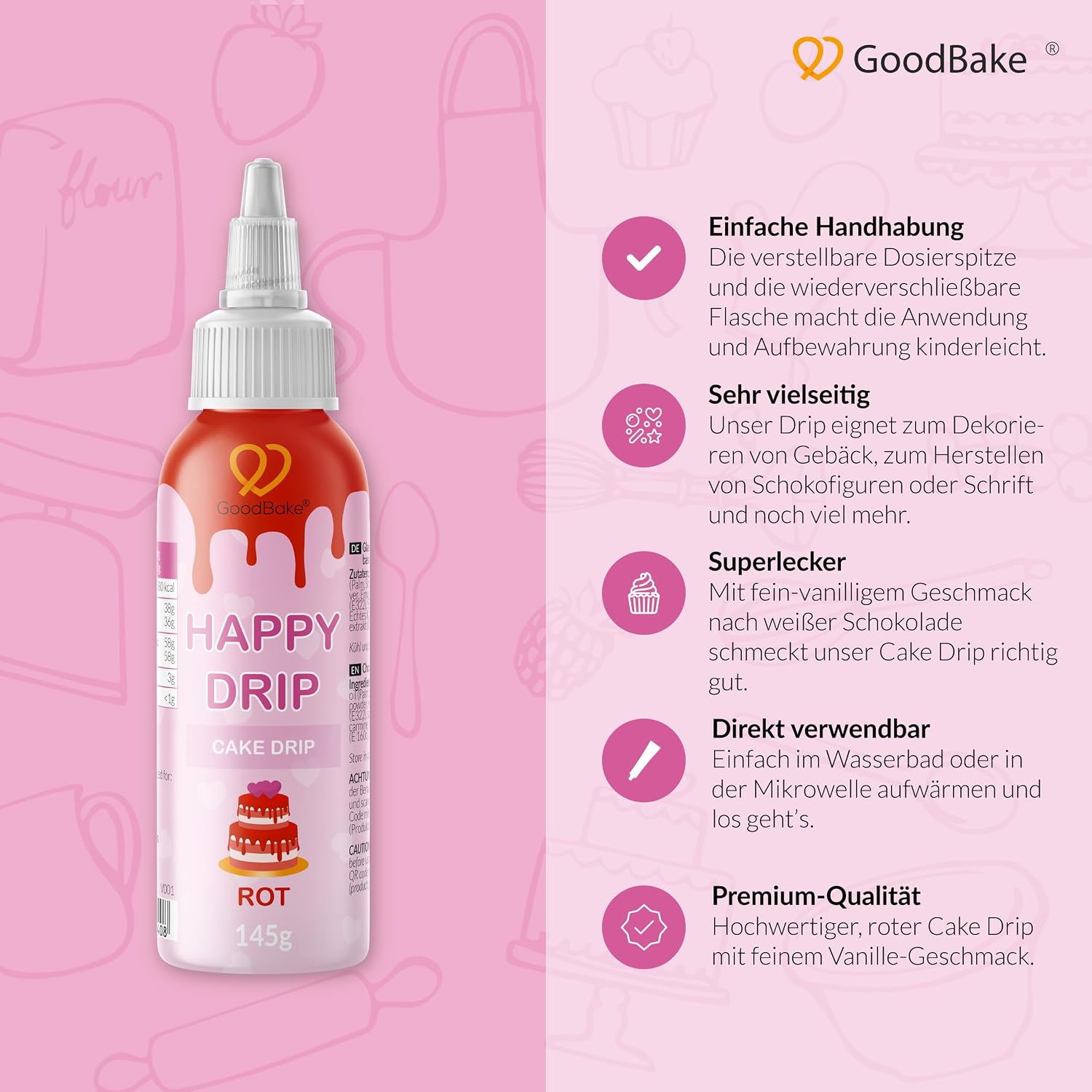 Detalle 2 de GoodBake Happy Drip Rot 145 g 🎂