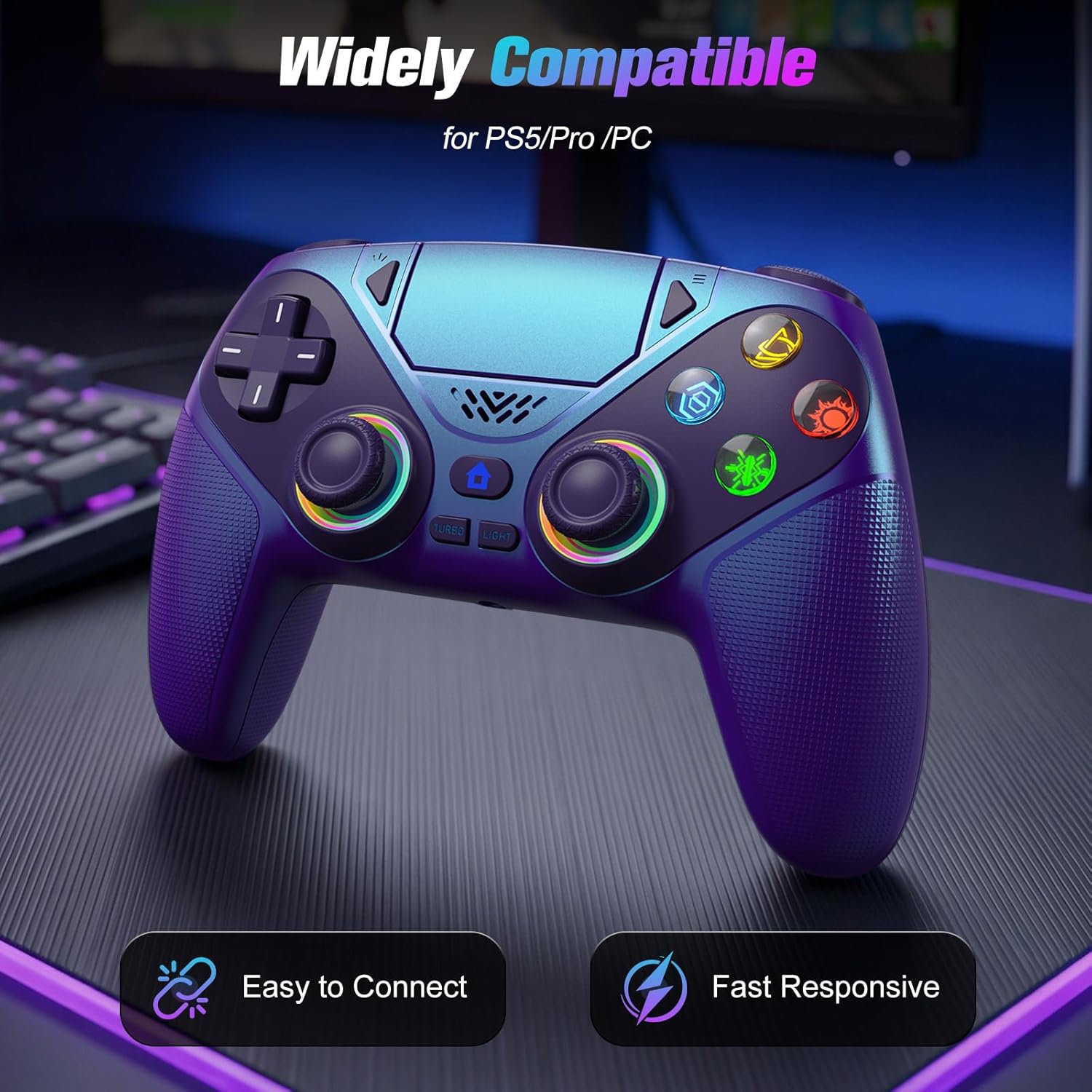 Detalle de Dinosoo RGB Wireless Controller for PS5/PC – Turbo, Macro, Dual Vibration, 6-Axis Motion, 3.5mm Audio Jack & 1000mAh Battery