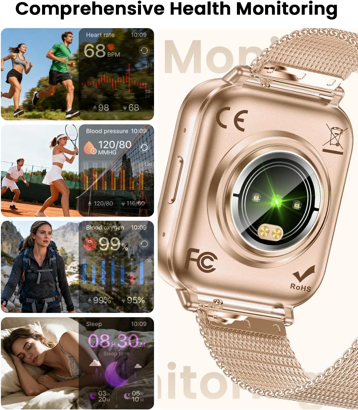 Detalle de Fitoncloud Smart Watches (1000mAh Large Battery) – 1.83" HD, 100+ Sports Modes, Rose Gold