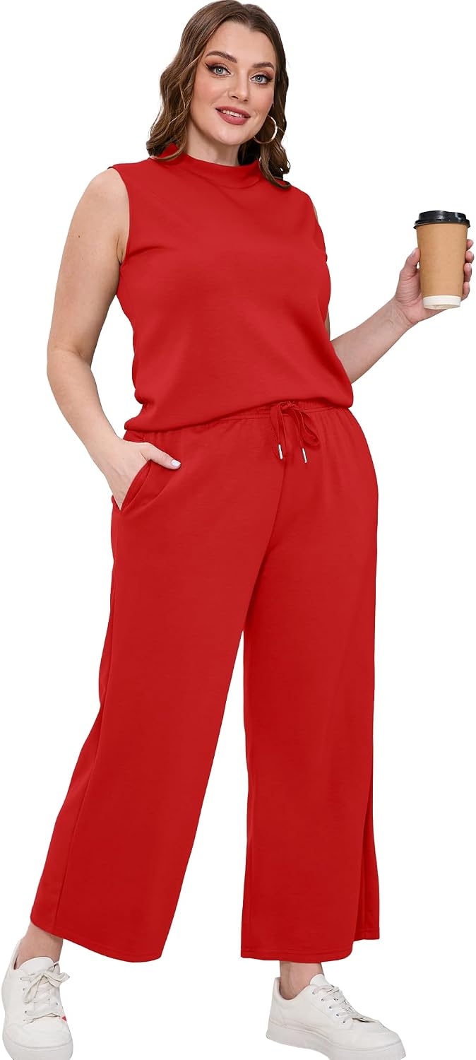 Detalle de SAMPEEL Two-Piece Lounge Set for Women: Mock Neck Sleeveless Top + Wide-Leg Crop Pants