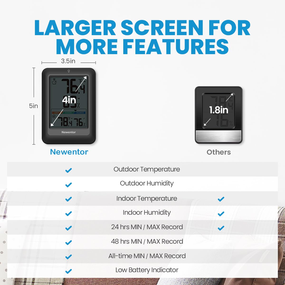 Detalle de Newentor Q8 Wireless Indoor/Outdoor Thermometer with Large Display