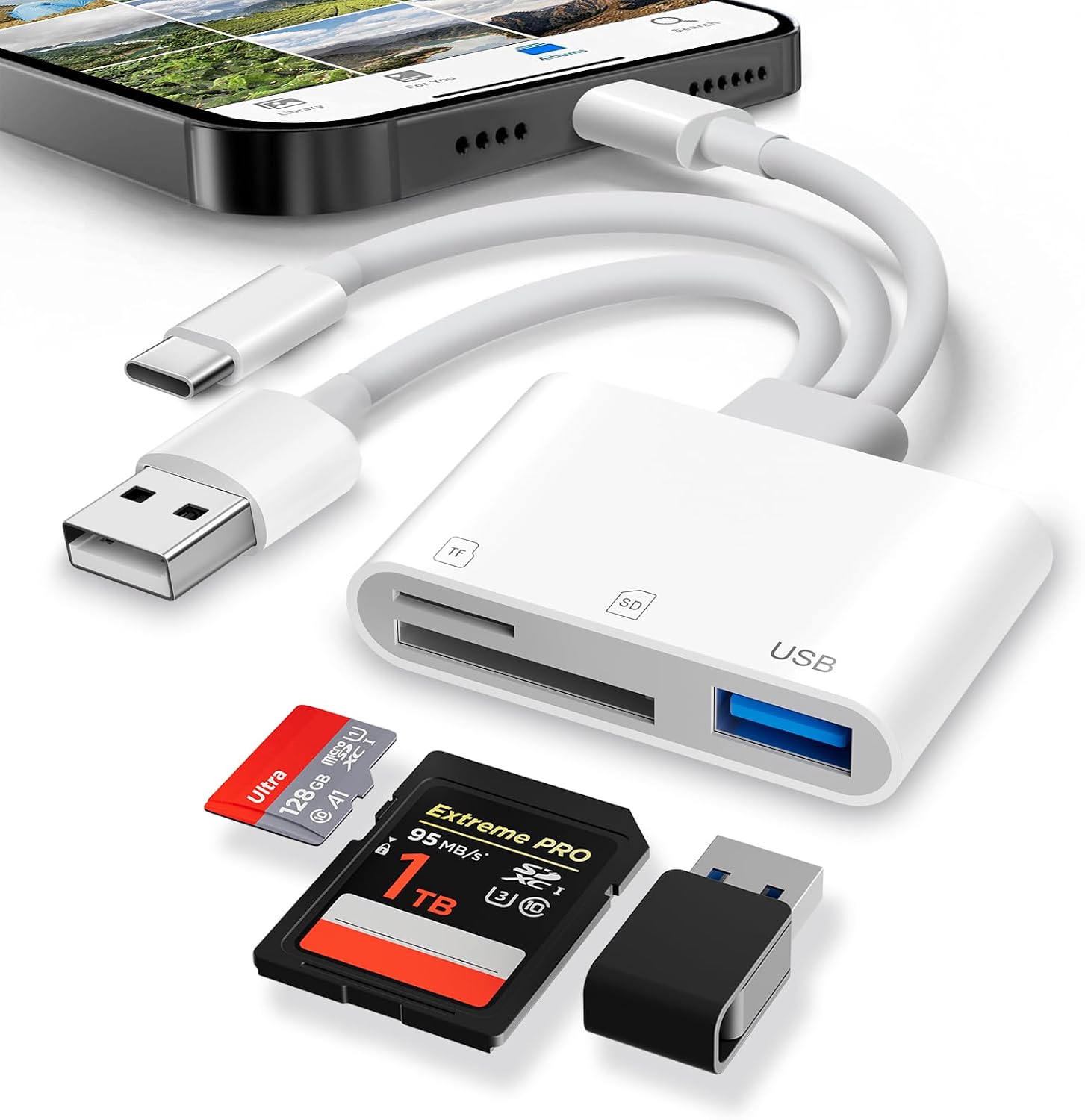 Detalle de Dalimee SD Kartenleser USB-C/USB-A/Lightning – vielseitiger 3-in-1 Kartenleser für iPhone, iPad, MacBook, PC und Android