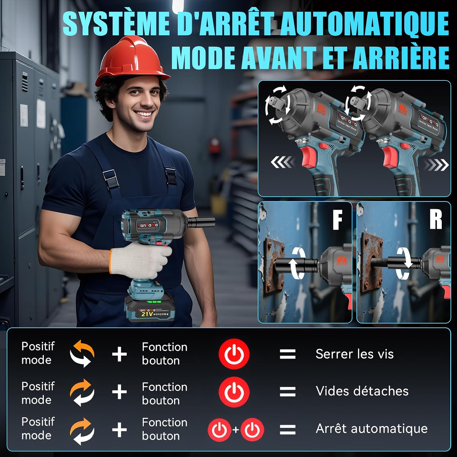 Thumbnail 5 de Yanhama clé à choc sans fil 1400 Nm brushless (2×21 V 4,5 Ah) avec embouts et gants