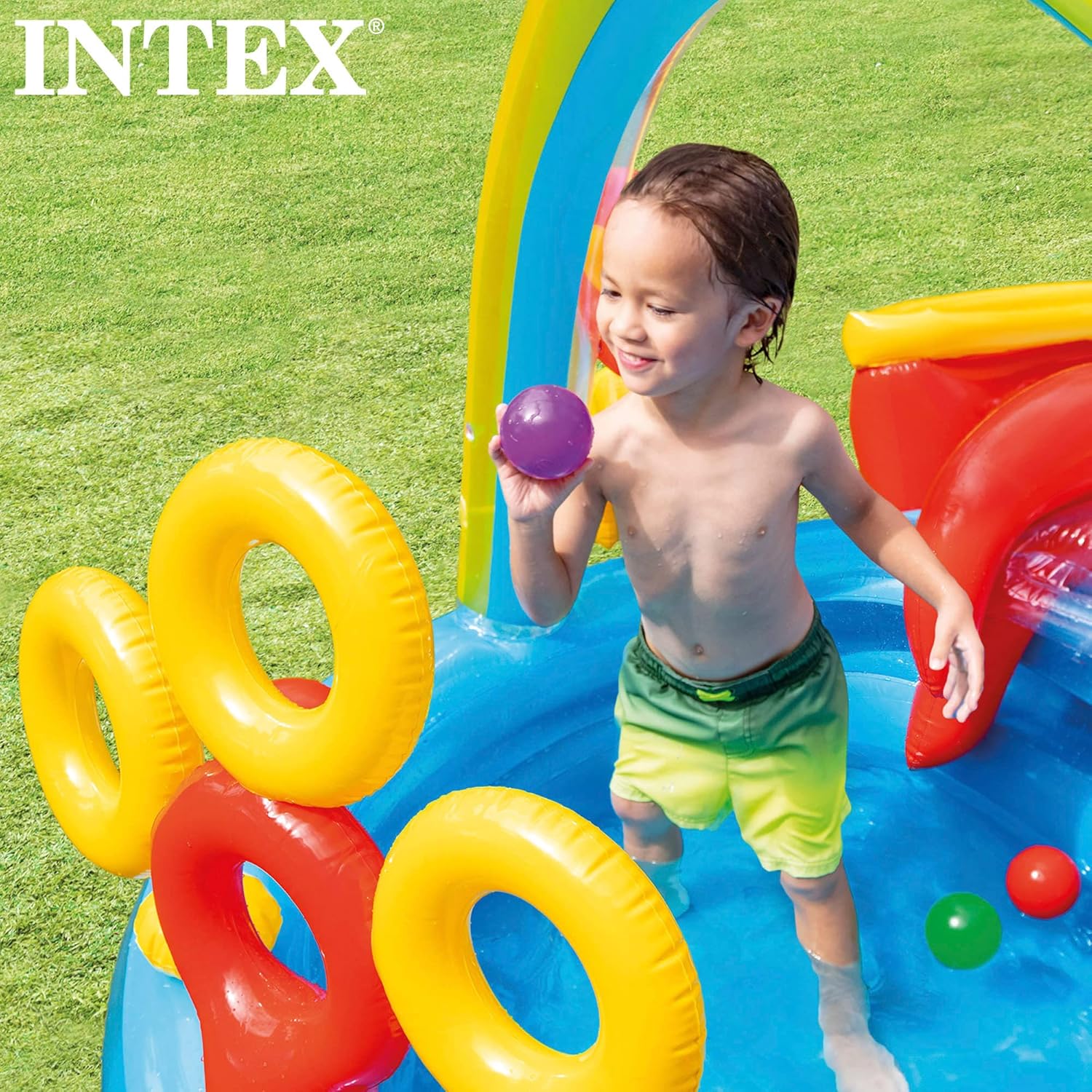 Detalle de Intex Rainbow Ring Play Center – Kinder Aufstellpool 297 x 193 x 135 cm, bunt, ab 3 Jahren