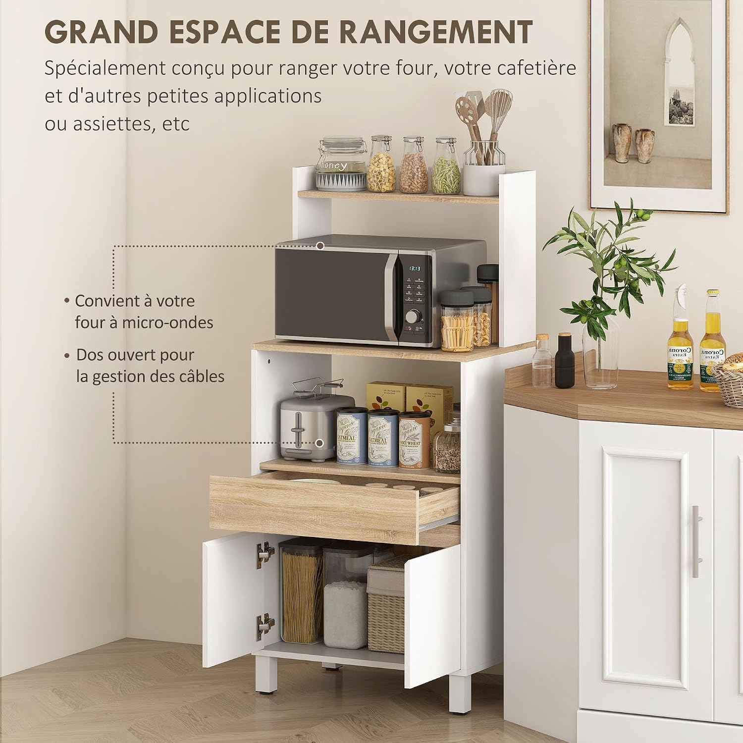 Thumbnail 3 de HOMCOM Meuble micro-ondes avec buffet et rangement 60 x 40 x 131 cm chêne et blanc