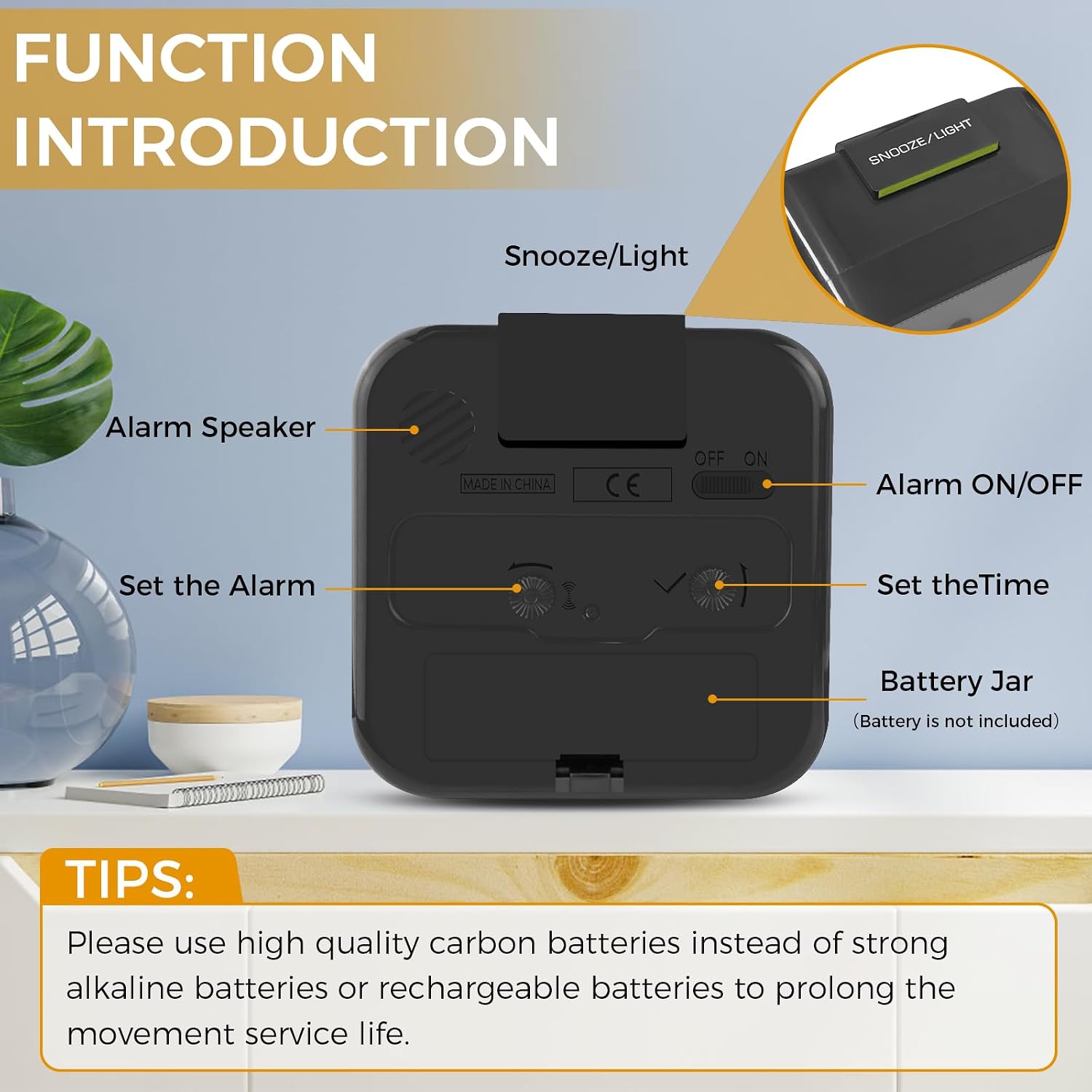 Detalle de CNMTCCO Sveglia da comodino senza ticchettio, con luce e allarme forte (Nero) - alimentata a batteria