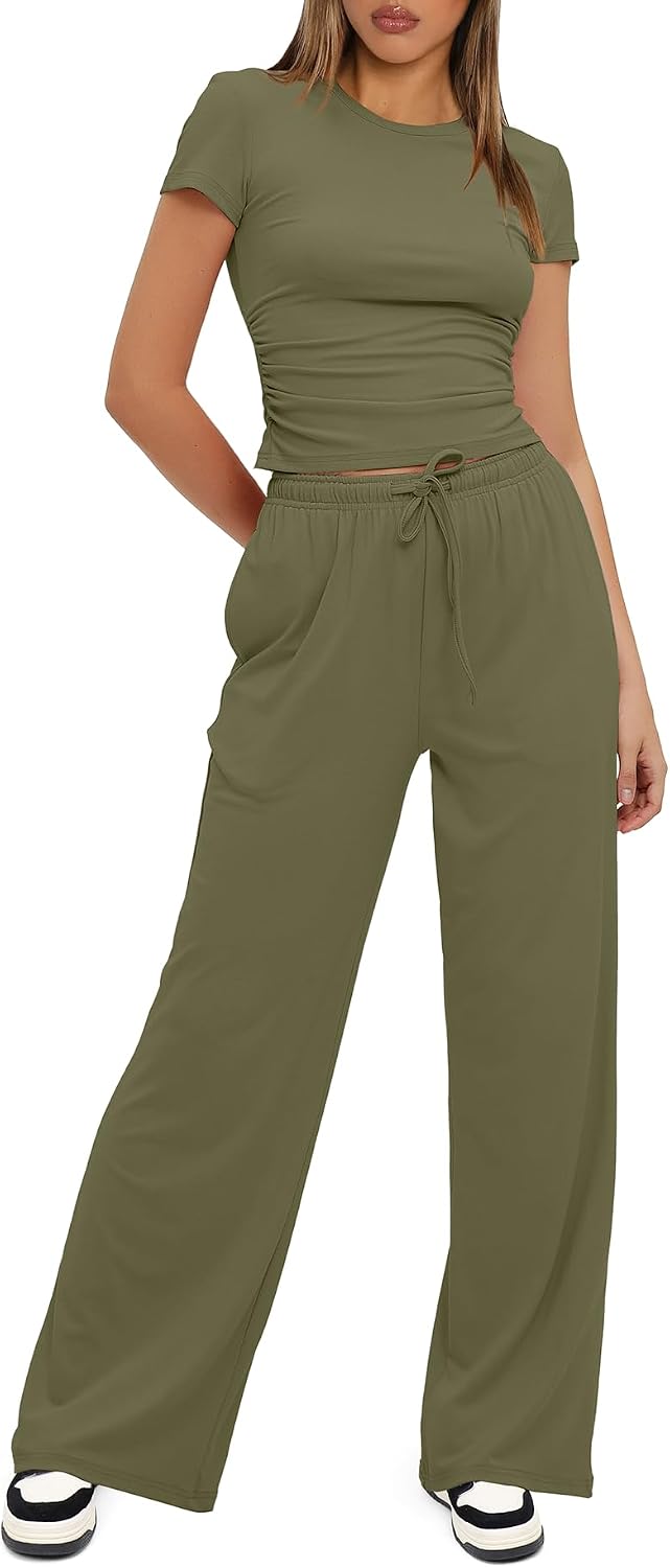 Thumbnail 3 de Darong Women's 2 Piece Summer Outfits Lounge Sets: Side Ruched Crop Top & Wide Leg Pants