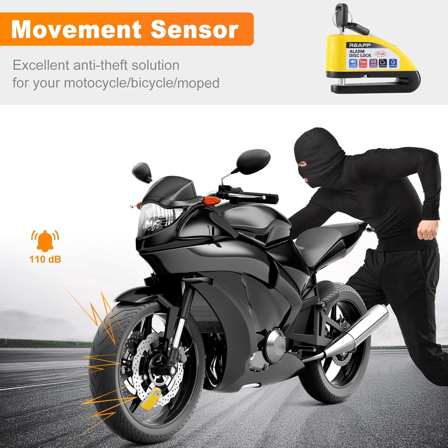 Detalle 2 de REAPP Alarm Disc Lock 110 dB Motorbike lock🔒