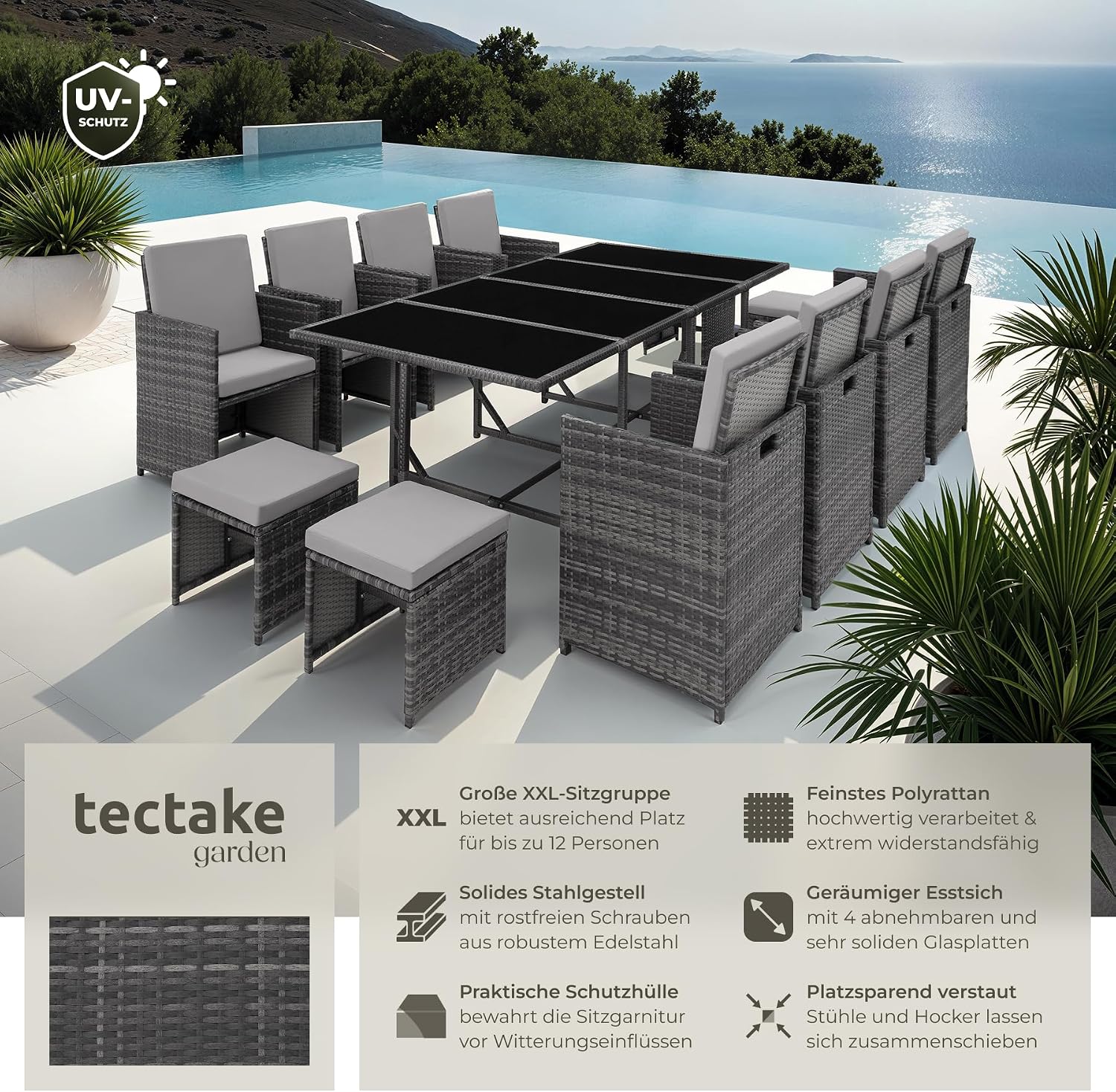 Detalle 2 de tectake Gartenlounge Set mit Polyrattan: 8 Stühle + 4 Hocker + 1 Tisch (8+4+1), grau/hellgrau