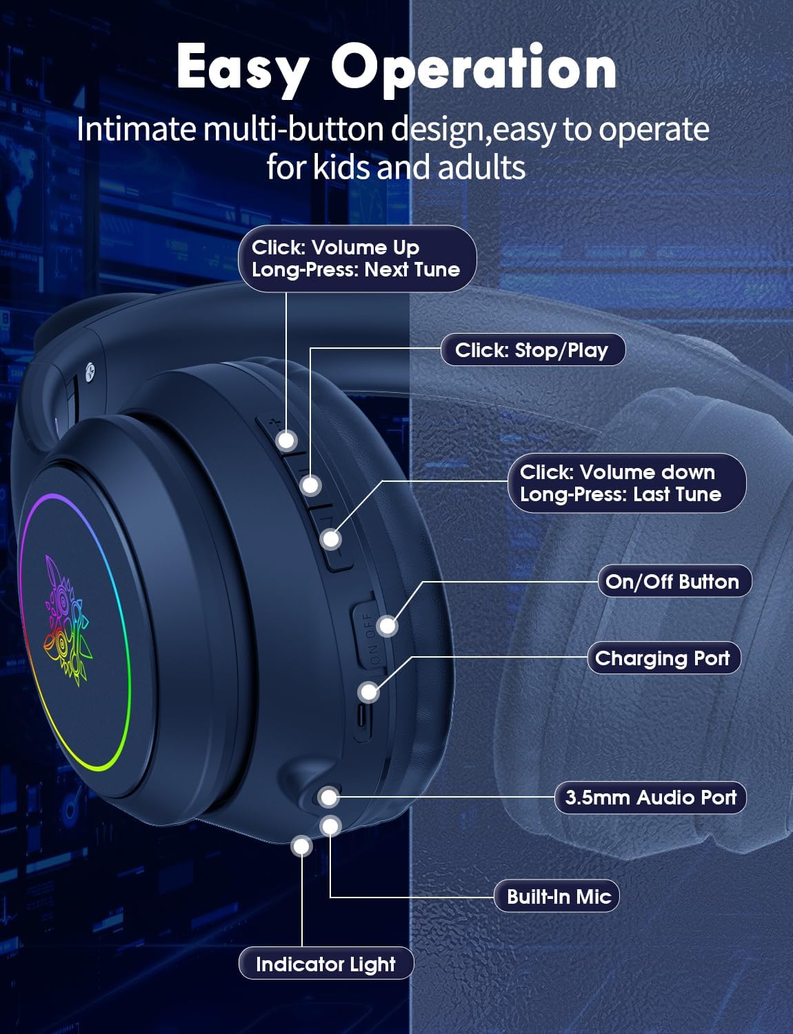 Thumbnail 6 de ONITOON Bluetooth-Kopfhörer mit LED-Katzenohren (Over-Ear) inkl. Mikrofon, bis zu 55 h Spielzeit