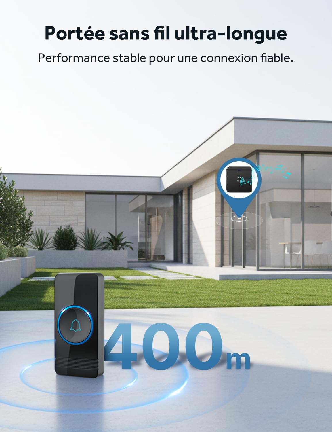 Detalle 2 de AVANTEK Sonnette sans Fil avec Bouton – Carillon étanche IP55, 400 m, 52 mélodies, 5 niveaux de volume